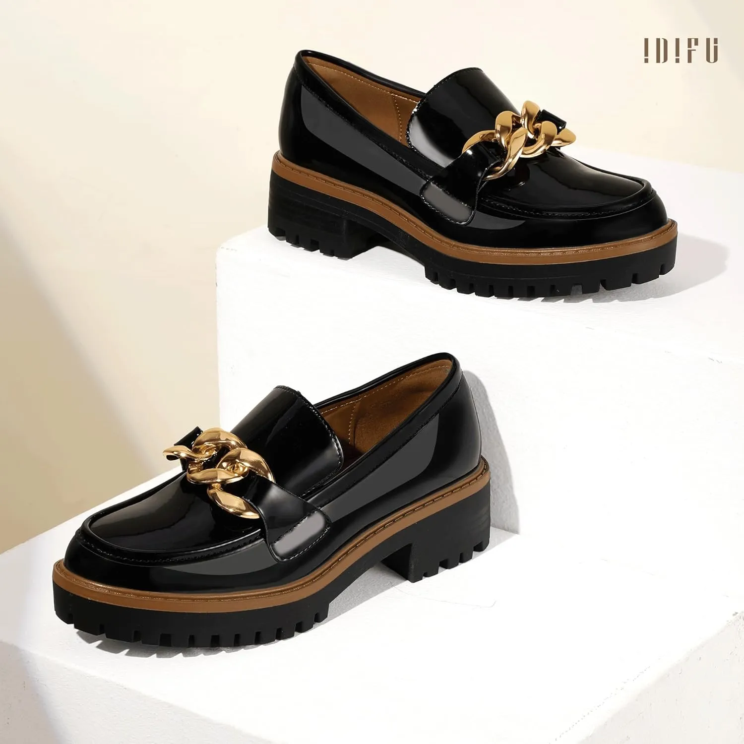 IDIFU IN2 Platform Loafers for Women Dressy with Metal Chain Slip On Low Chunky Block Lug Sole Heeled Penny Loafers Comfort Closed Round Toe Dress Shoes Office Work Business Casual Fall Loafers Shoes