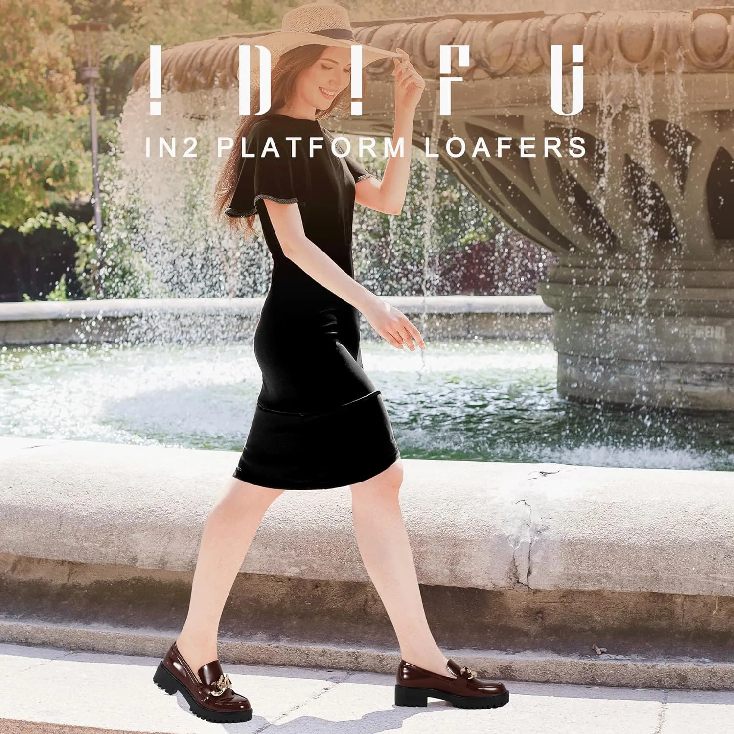 IDIFU IN2 Platform Loafers for Women Dressy with Metal Chain Slip On Low Chunky Block Lug Sole Heeled Penny Loafers Comfort Closed Round Toe Dress Shoes Office Work Business Casual Fall Loafers Shoes