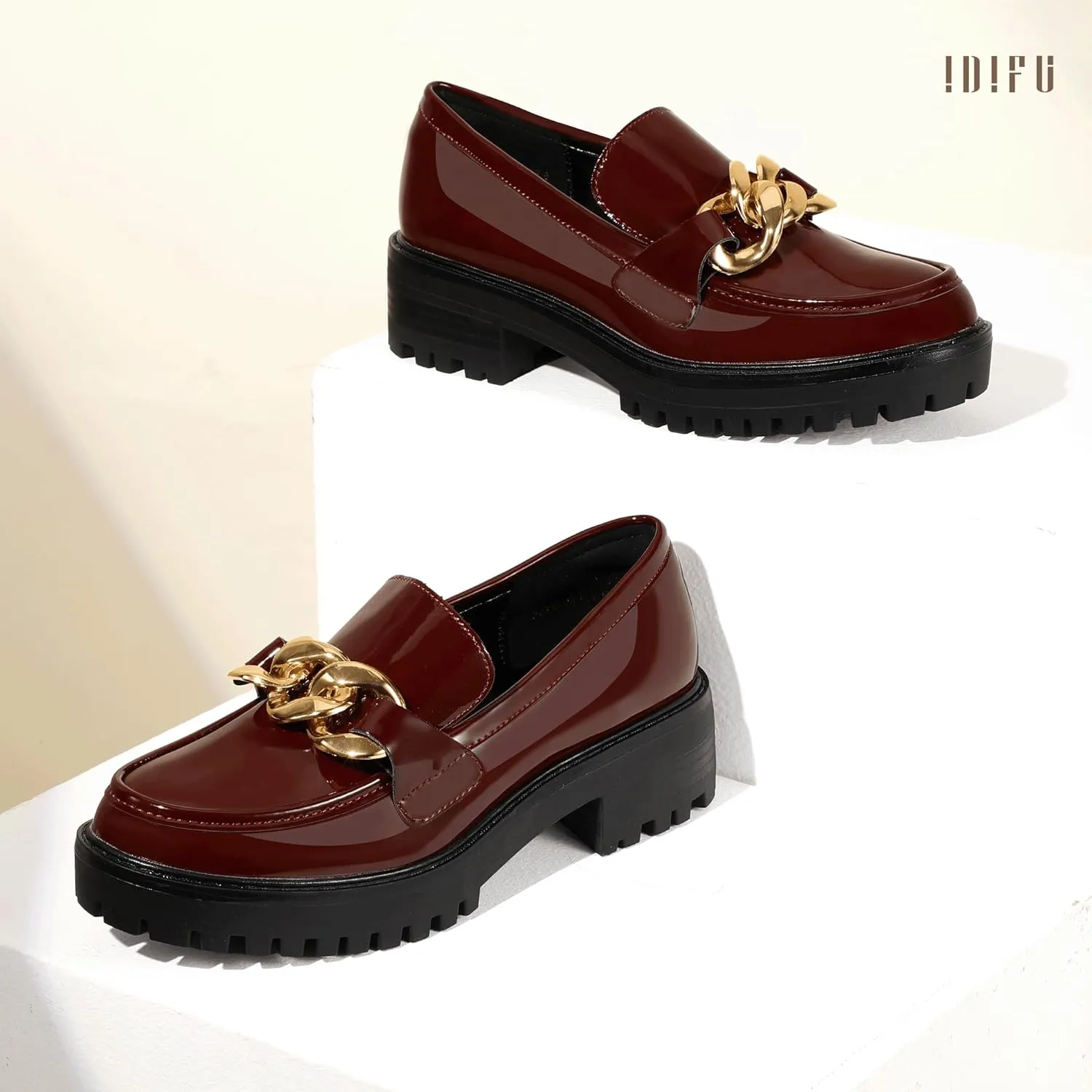 IDIFU IN2 Platform Loafers for Women Dressy with Metal Chain Slip On Low Chunky Block Lug Sole Heeled Penny Loafers Comfort Closed Round Toe Dress Shoes Office Work Business Casual Fall Loafers Shoes
