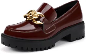 IDIFU IN2 Platform Loafers for Women Dressy with Metal Chain Slip On Low Chunky Block Lug Sole Heeled Penny Loafers Comfort Closed Round Toe Dress Shoes Office Work Business Casual Fall Loafers Shoes