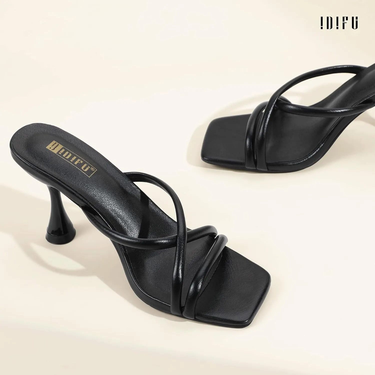 IDIFU IN3 Strappy Stiletto Kitten Heels Square Open Toe Heeled Sandals Comfortable Dressy Wedding Bridal Bride Prom Party Dress Shoes for Women Fashion Cute Casual Sexy Slides Slip on Mules Heels