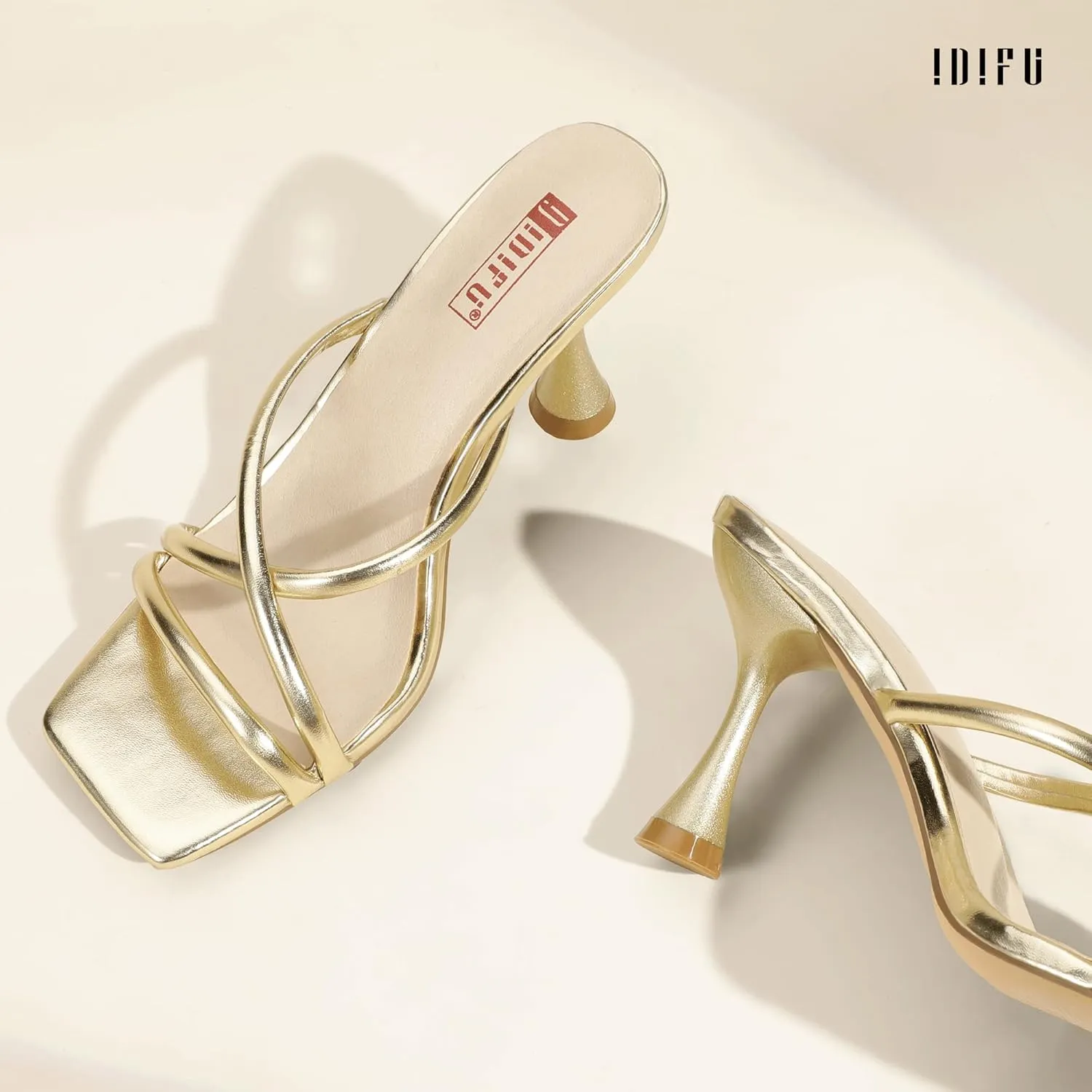 IDIFU IN3 Strappy Stiletto Kitten Heels Square Open Toe Heeled Sandals Comfortable Dressy Wedding Bridal Bride Prom Party Dress Shoes for Women Fashion Cute Casual Sexy Slides Slip on Mules Heels