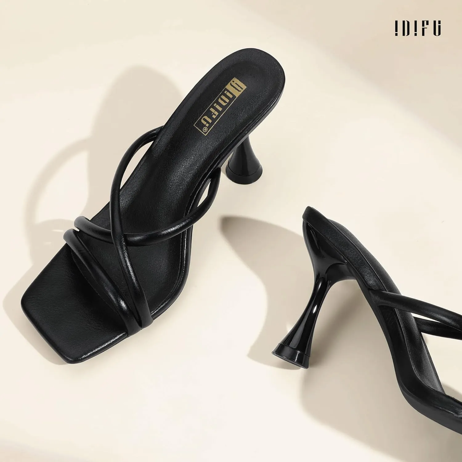 IDIFU IN3 Strappy Stiletto Kitten Heels Square Open Toe Heeled Sandals Comfortable Dressy Wedding Bridal Bride Prom Party Dress Shoes for Women Fashion Cute Casual Sexy Slides Slip on Mules Heels