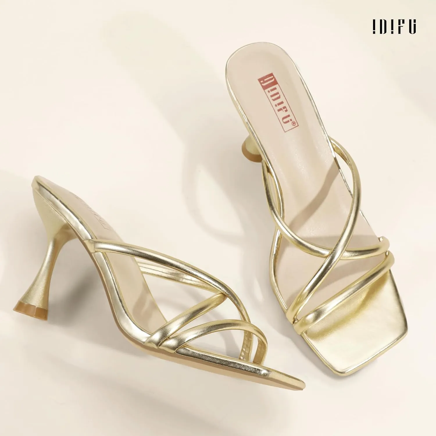 IDIFU IN3 Strappy Stiletto Kitten Heels Square Open Toe Heeled Sandals Comfortable Dressy Wedding Bridal Bride Prom Party Dress Shoes for Women Fashion Cute Casual Sexy Slides Slip on Mules Heels