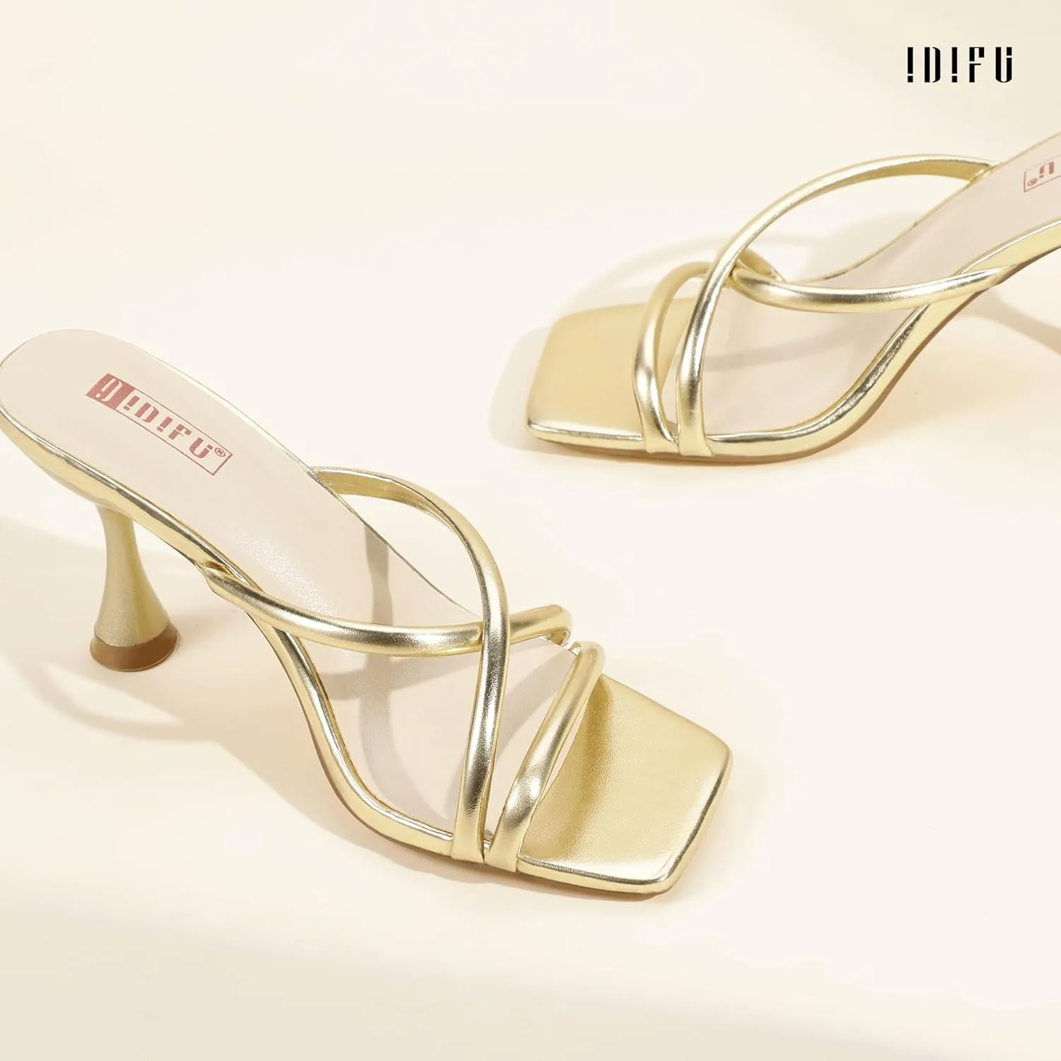 IDIFU IN3 Strappy Stiletto Kitten Heels Square Open Toe Heeled Sandals Comfortable Dressy Wedding Bridal Bride Prom Party Dress Shoes for Women Fashion Cute Casual Sexy Slides Slip on Mules Heels