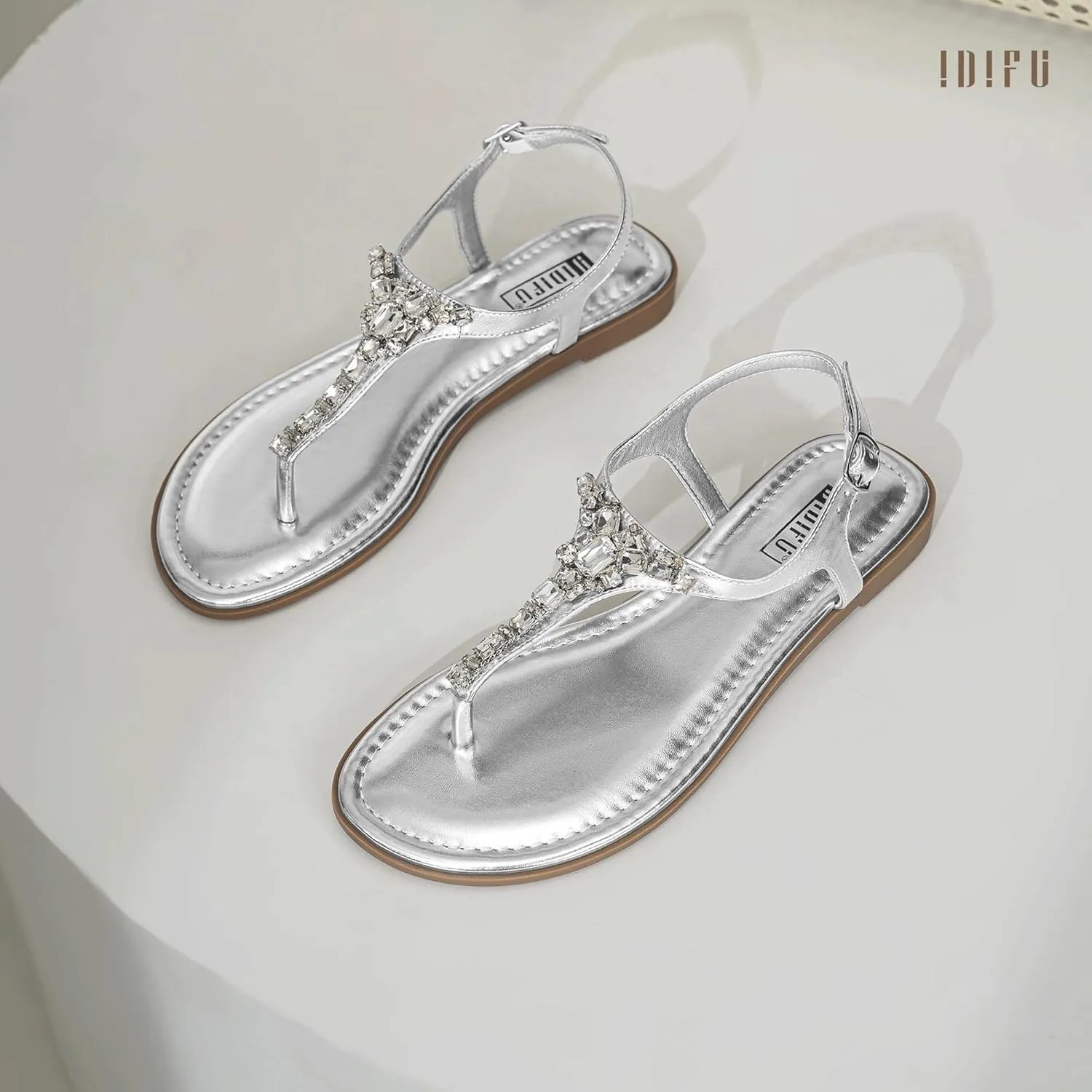 IDIFU Rhinestone Flat Sandals for Women Dressy Sparkly Thong Sandals Bling Summer Cute T Strap Dress Sandals for Wedding Bridal Bride Beach Trendy Comfortable Ladies Women's Sandals
