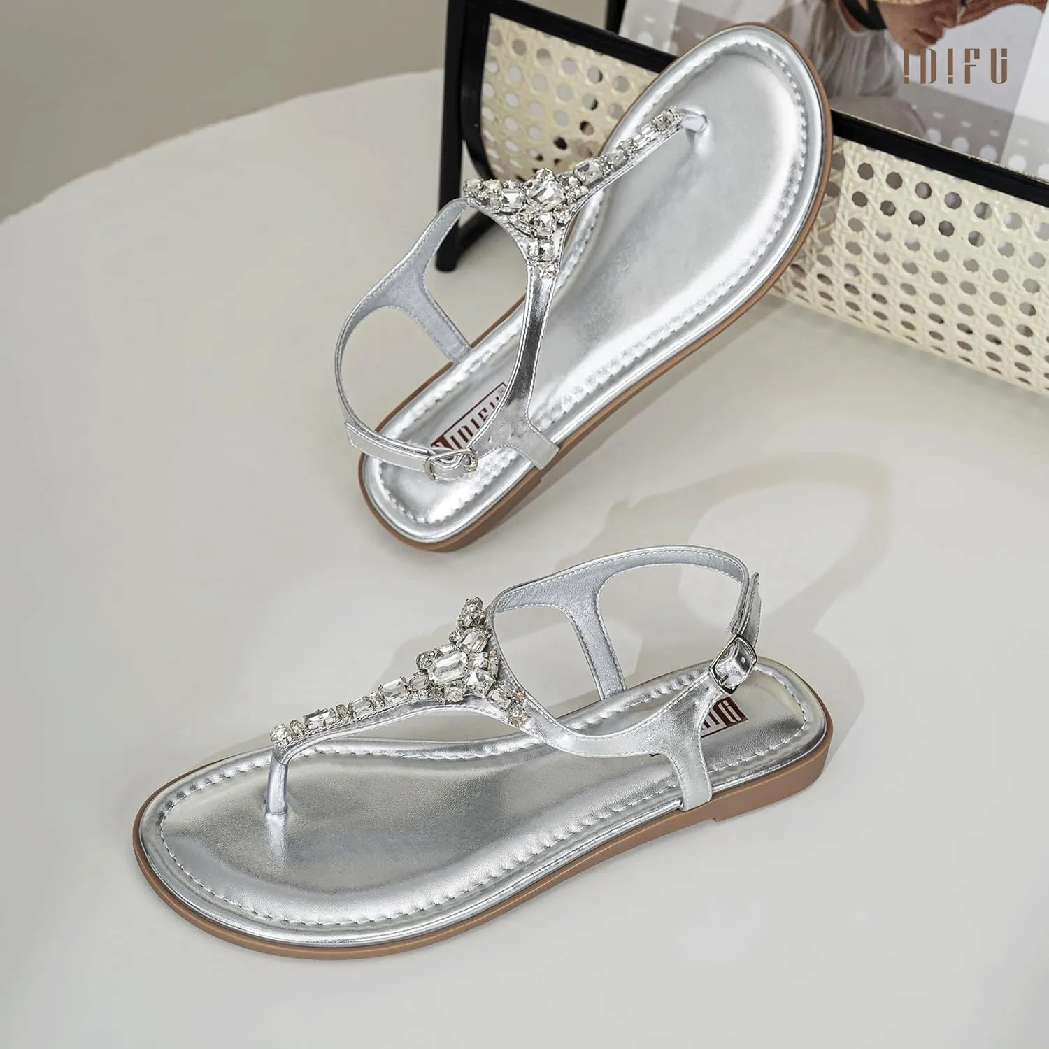 IDIFU Rhinestone Flat Sandals for Women Dressy Sparkly Thong Sandals Bling Summer Cute T Strap Dress Sandals for Wedding Bridal Bride Beach Trendy Comfortable Ladies Women's Sandals