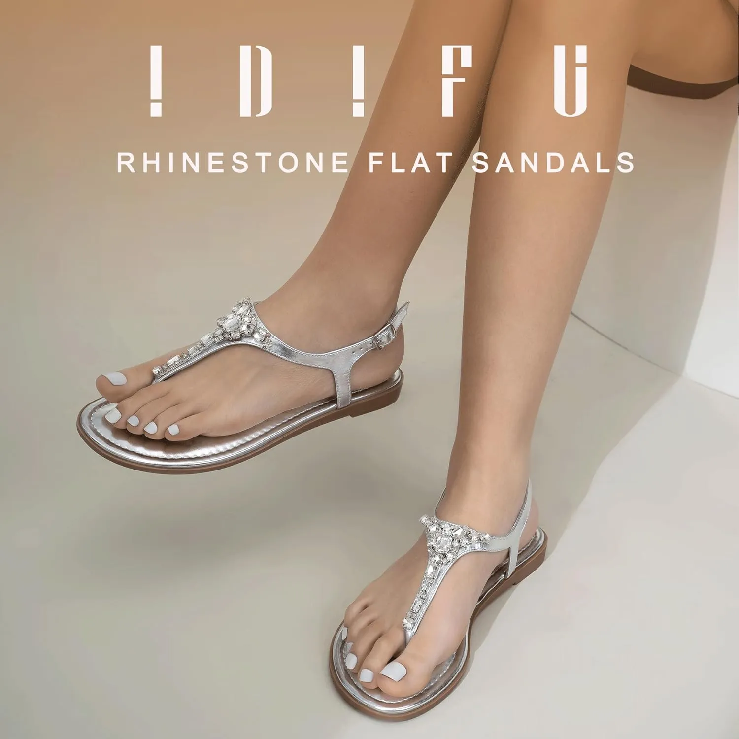 IDIFU Rhinestone Flat Sandals for Women Dressy Sparkly Thong Sandals Bling Summer Cute T Strap Dress Sandals for Wedding Bridal Bride Beach Trendy Comfortable Ladies Women's Sandals