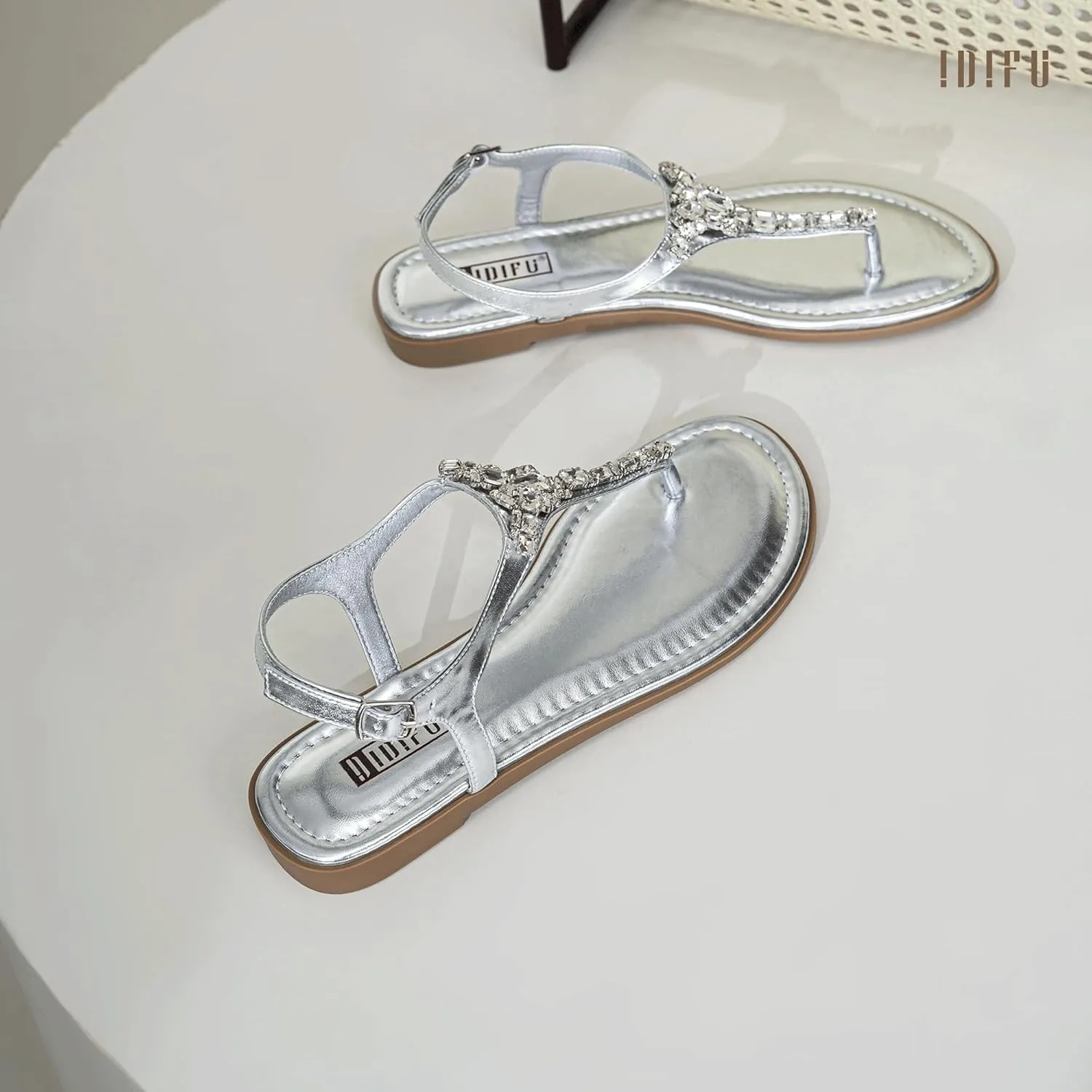 IDIFU Rhinestone Flat Sandals for Women Dressy Sparkly Thong Sandals Bling Summer Cute T Strap Dress Sandals for Wedding Bridal Bride Beach Trendy Comfortable Ladies Women's Sandals