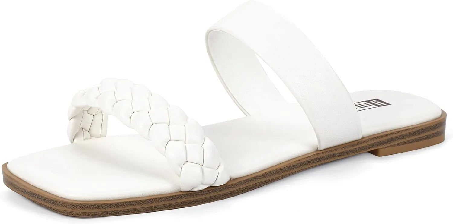 IDIFU Womens Braided Sandals Dressy Summer Flat Strappy Slip on Square Open Toe Two Straps Slides Shoes Wedding Prom Travel Casual Beach Comfortable Cute Trendy Fashion Slide Sandals
