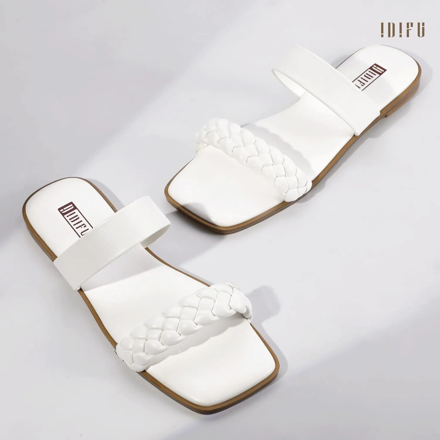 IDIFU Womens Braided Sandals Dressy Summer Flat Strappy Slip on Square Open Toe Two Straps Slides Shoes Wedding Prom Travel Casual Beach Comfortable Cute Trendy Fashion Slide Sandals