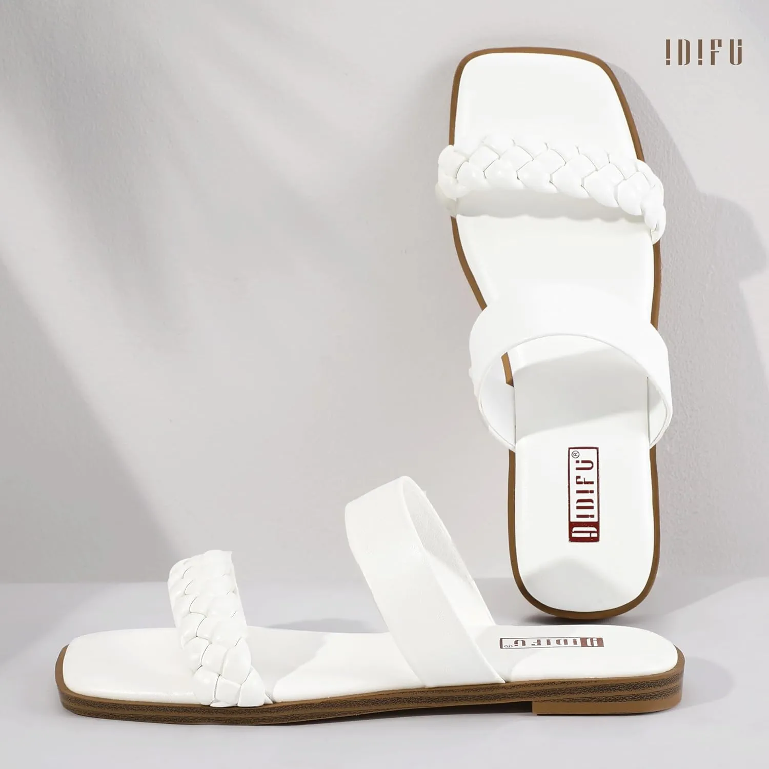 IDIFU Womens Braided Sandals Dressy Summer Flat Strappy Slip on Square Open Toe Two Straps Slides Shoes Wedding Prom Travel Casual Beach Comfortable Cute Trendy Fashion Slide Sandals