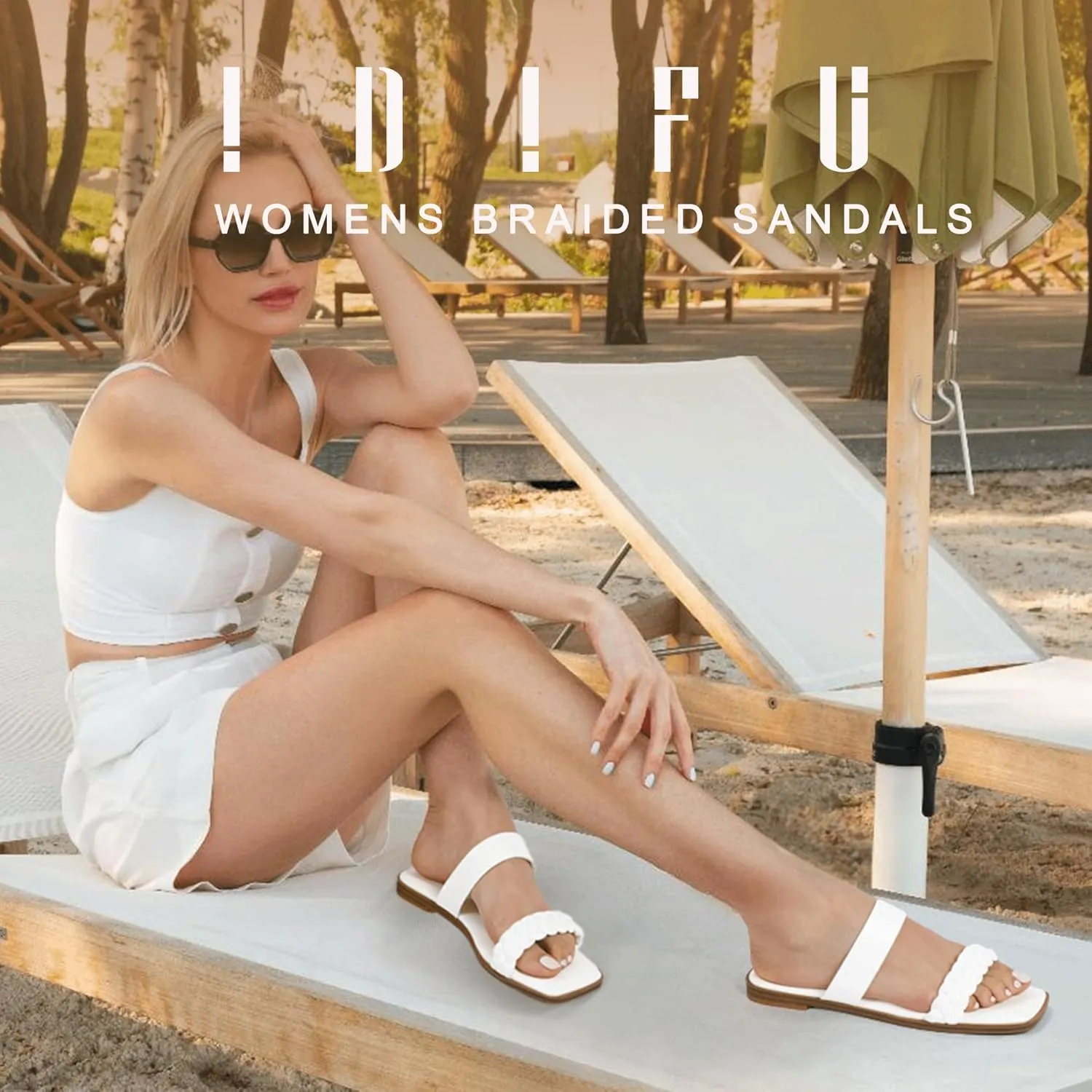 IDIFU Womens Braided Sandals Dressy Summer Flat Strappy Slip on Square Open Toe Two Straps Slides Shoes Wedding Prom Travel Casual Beach Comfortable Cute Trendy Fashion Slide Sandals