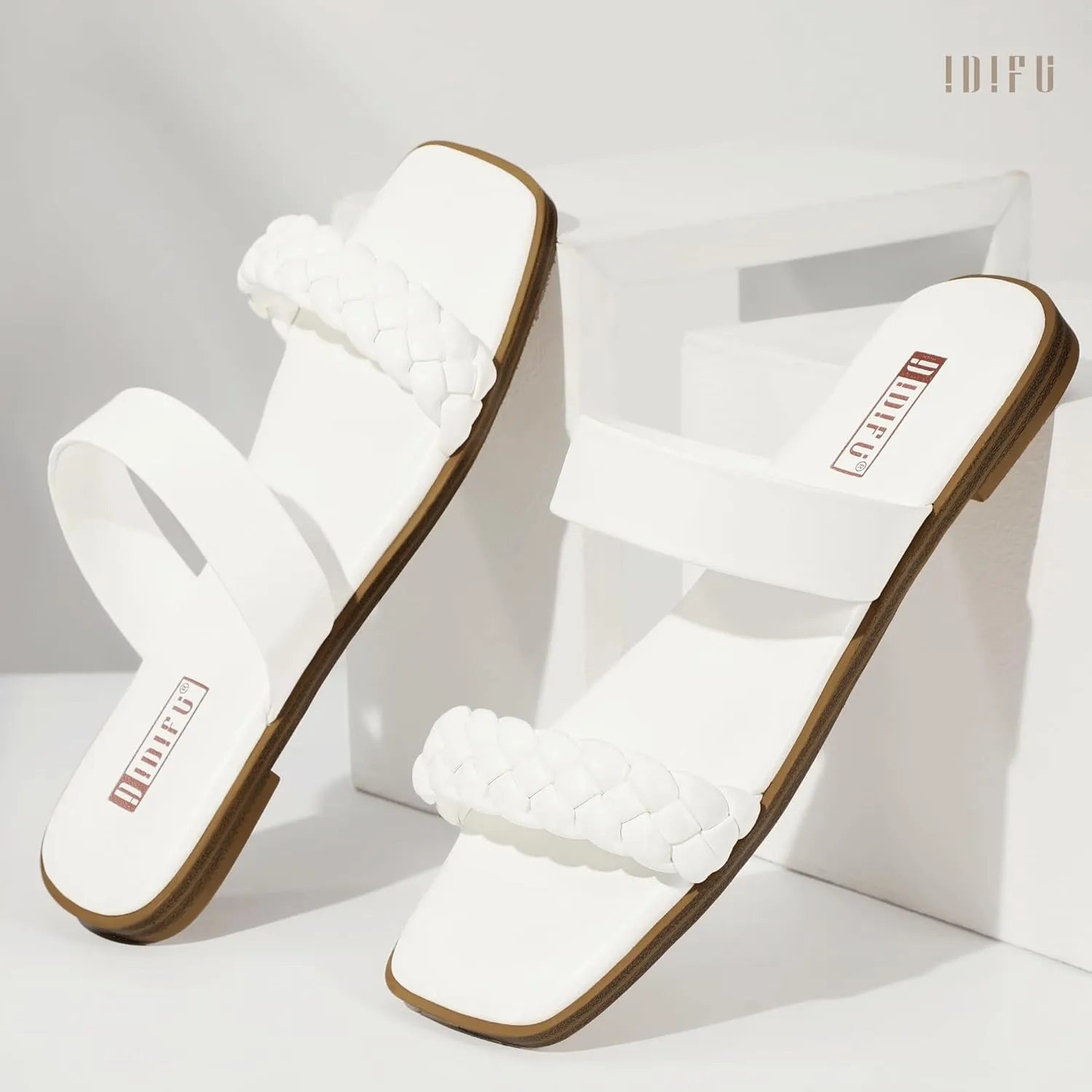IDIFU Womens Braided Sandals Dressy Summer Flat Strappy Slip on Square Open Toe Two Straps Slides Shoes Wedding Prom Travel Casual Beach Comfortable Cute Trendy Fashion Slide Sandals