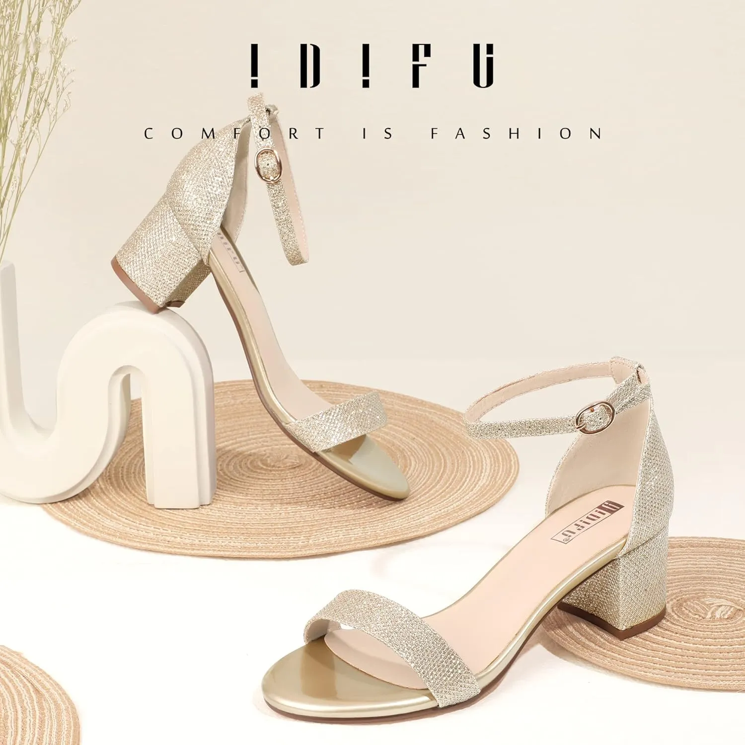 IDIFU Women's Cookie-LO Low Block Heels Chunky Sandals Ankle Strap Wedding Dress Pump Shoes