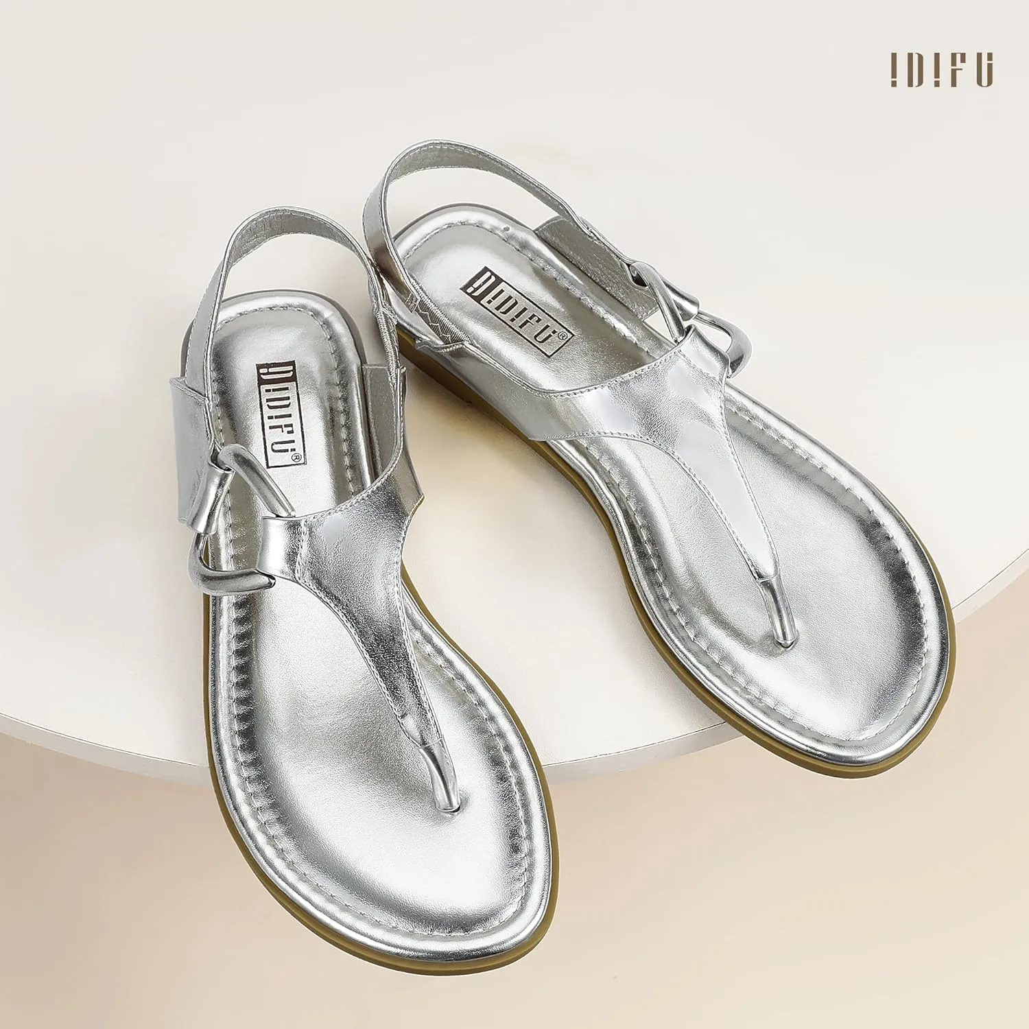 IDIFU Women's Dressy Flat Sandals Dress Thong Sandals T Strap Strappy Buckle Comfortable Sandals Summer Beach Wedding Bridal Cute Ladies Casual Fashion Trendy Flip Flops with Back Strap Flat Sandals
