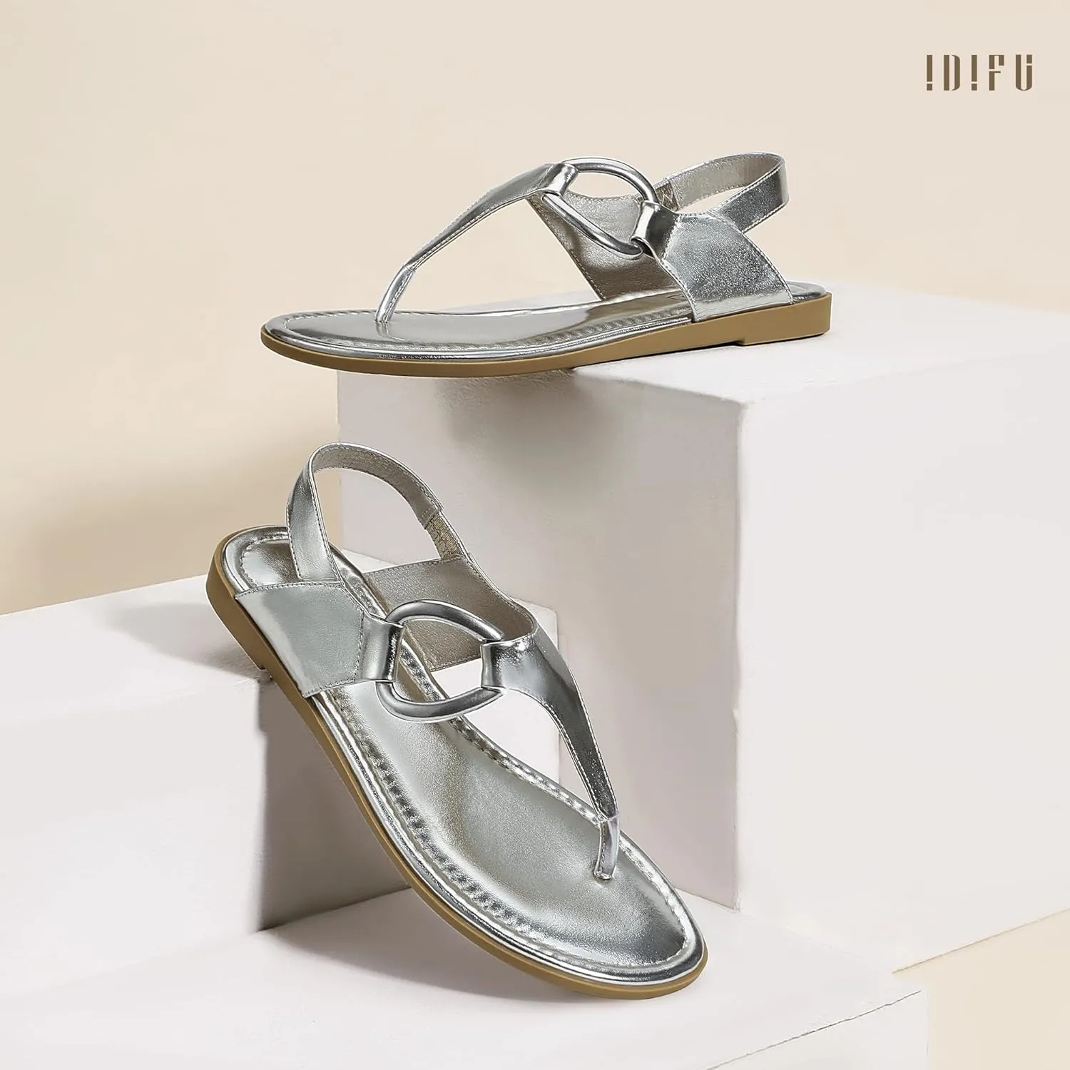 IDIFU Women's Dressy Flat Sandals Dress Thong Sandals T Strap Strappy Buckle Comfortable Sandals Summer Beach Wedding Bridal Cute Ladies Casual Fashion Trendy Flip Flops with Back Strap Flat Sandals