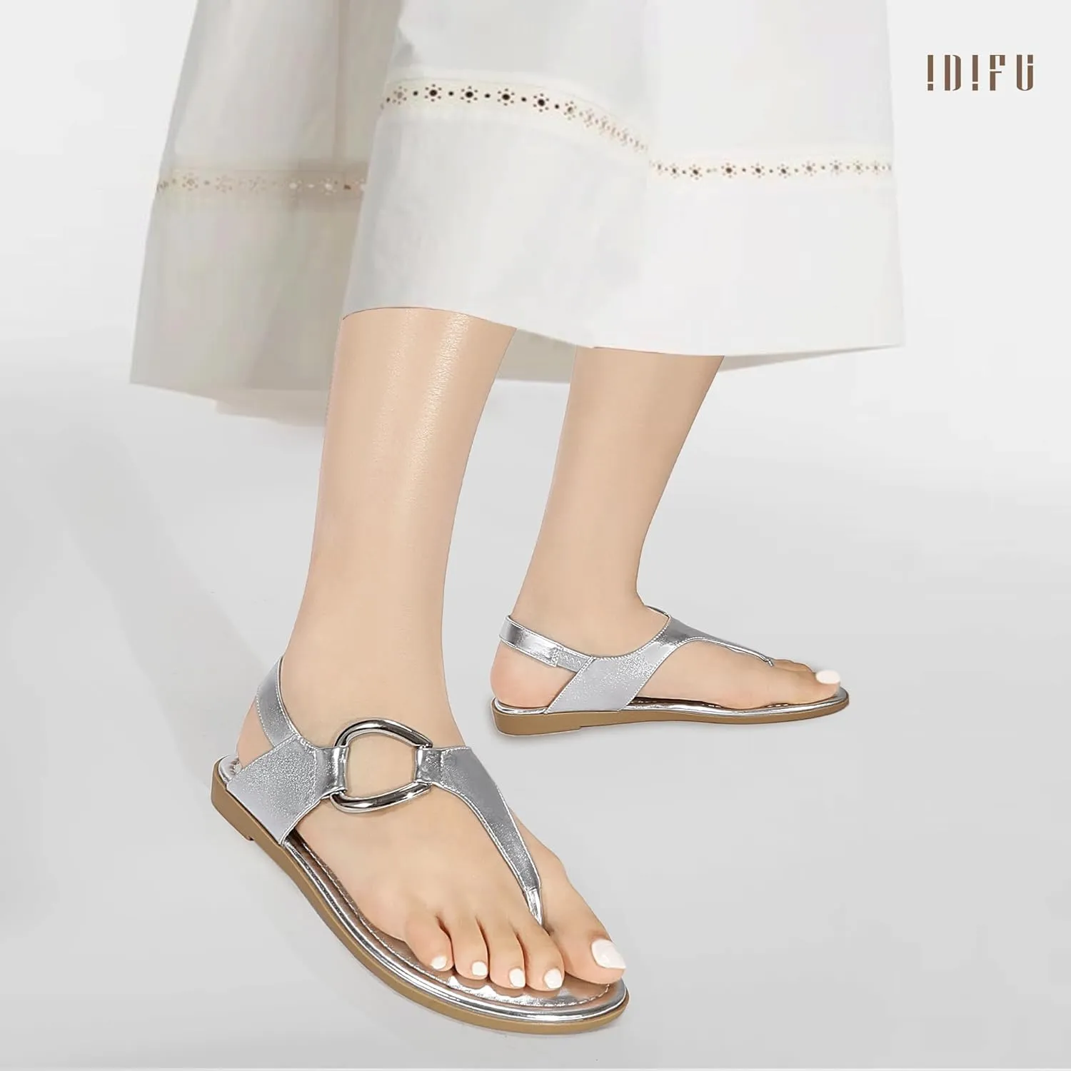 IDIFU Women's Dressy Flat Sandals Dress Thong Sandals T Strap Strappy Buckle Comfortable Sandals Summer Beach Wedding Bridal Cute Ladies Casual Fashion Trendy Flip Flops with Back Strap Flat Sandals