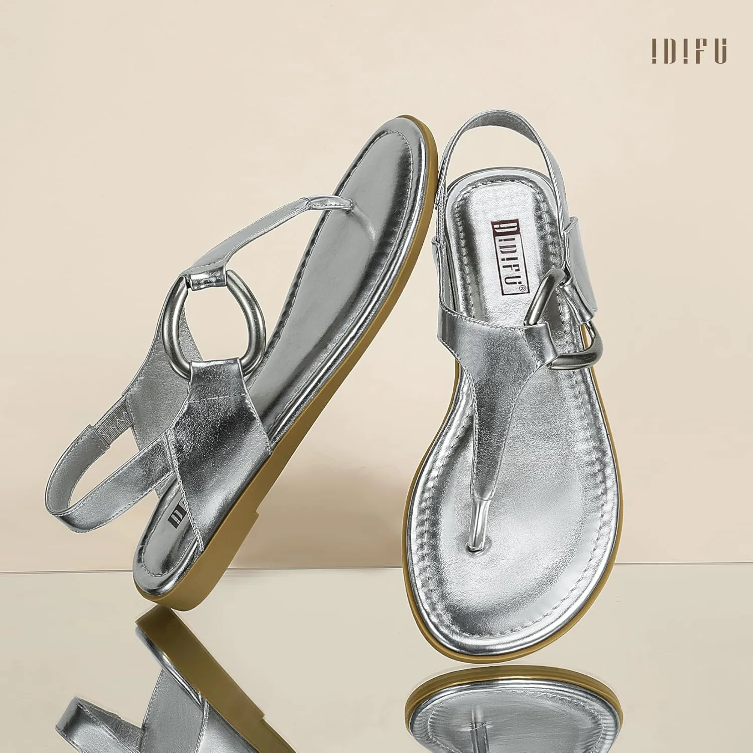 IDIFU Women's Dressy Flat Sandals Dress Thong Sandals T Strap Strappy Buckle Comfortable Sandals Summer Beach Wedding Bridal Cute Ladies Casual Fashion Trendy Flip Flops with Back Strap Flat Sandals