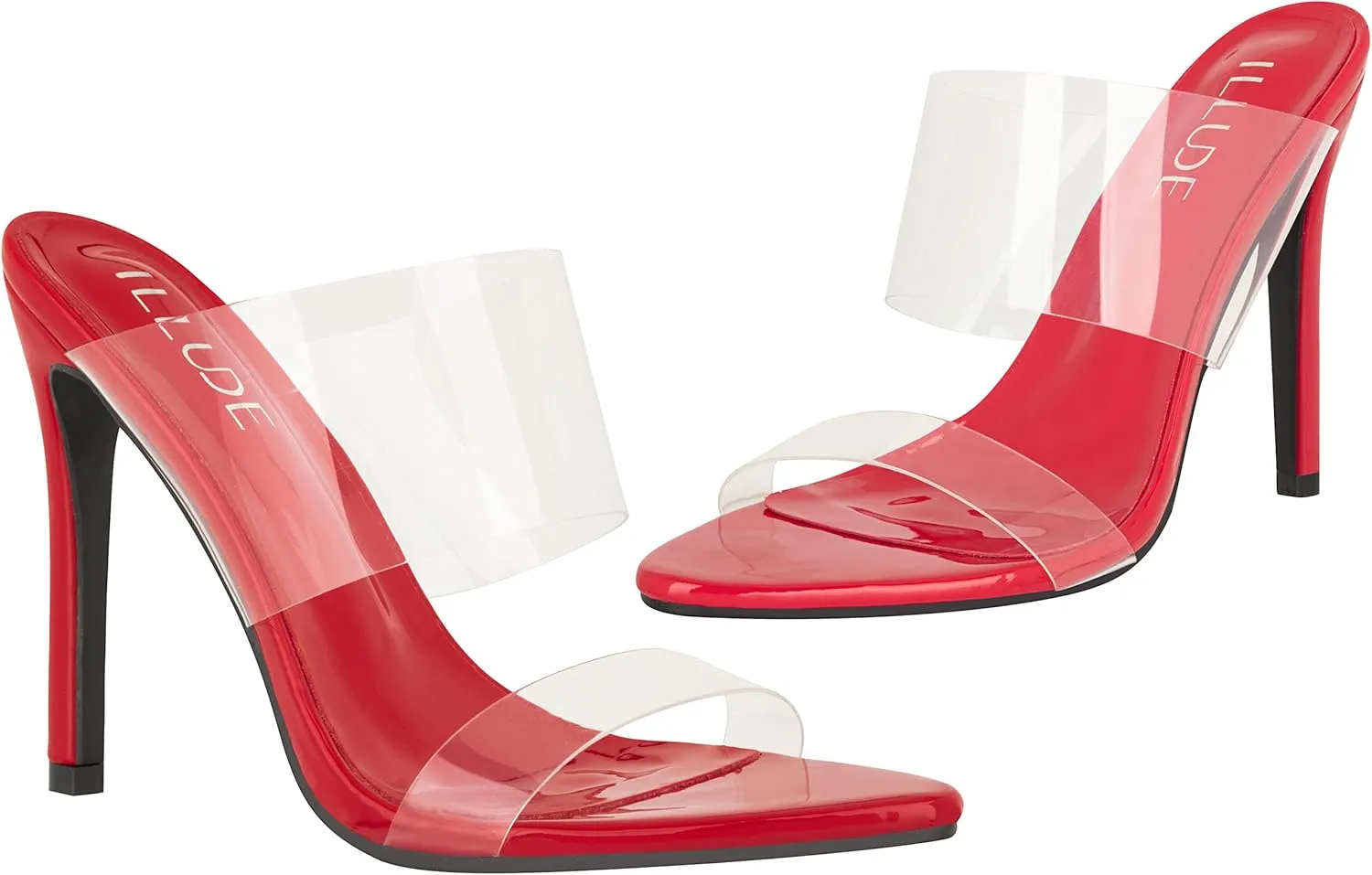 ILLUDE Women’s Clear Pointed Toe Sandals Stiletto Heels Transparent Strap High Heels Slip on Mules