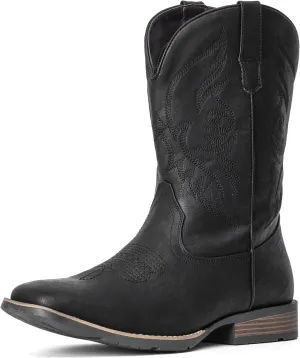 IUV Cowboy Boots For Men Square Toe Western Boot Durable Retro Classic Embroidered Pull On Boot Slip Resistant Country Boots