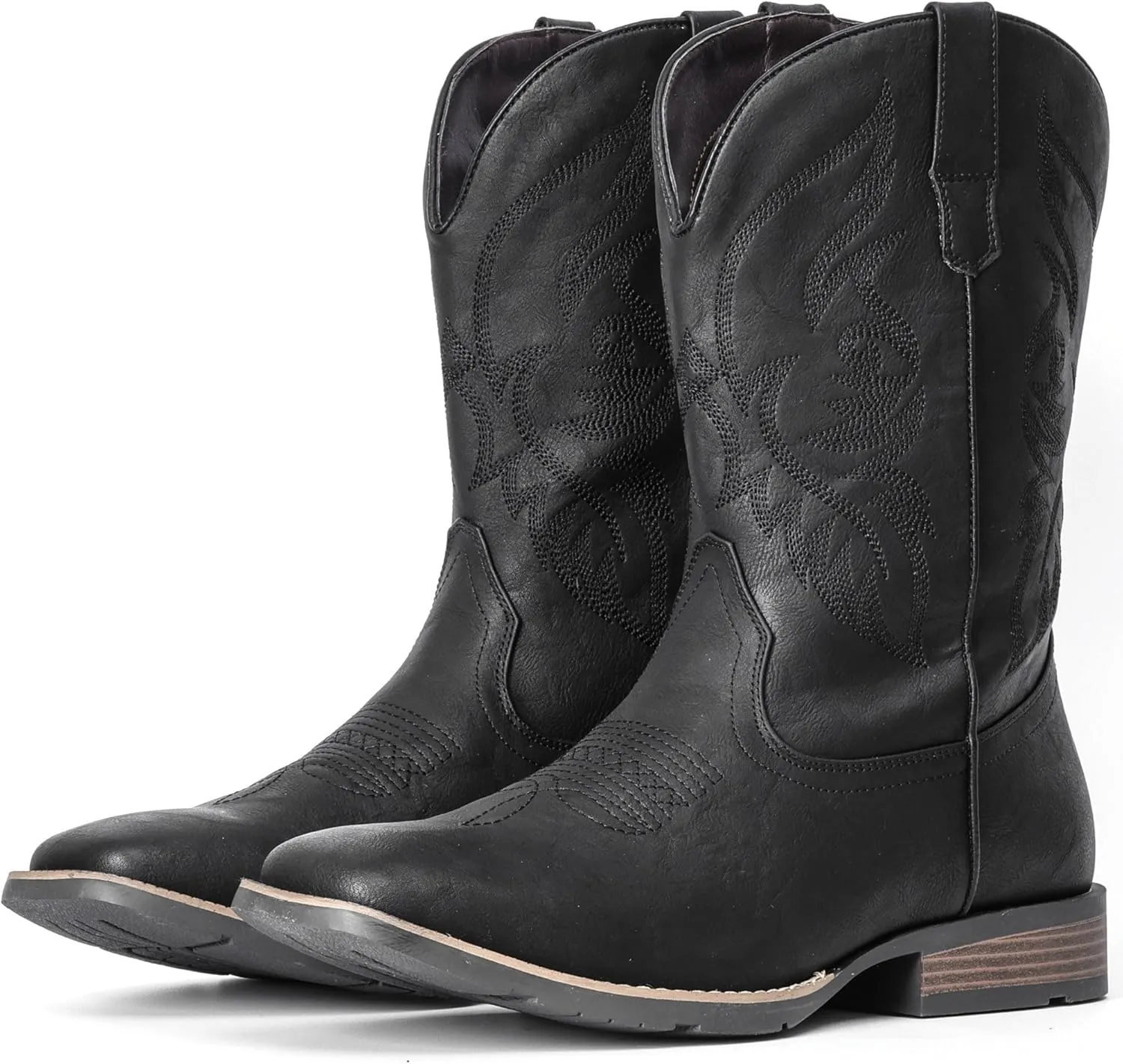 IUV Cowboy Boots For Men Square Toe Western Boot Durable Retro Classic Embroidered Pull On Boot Slip Resistant Country Boots