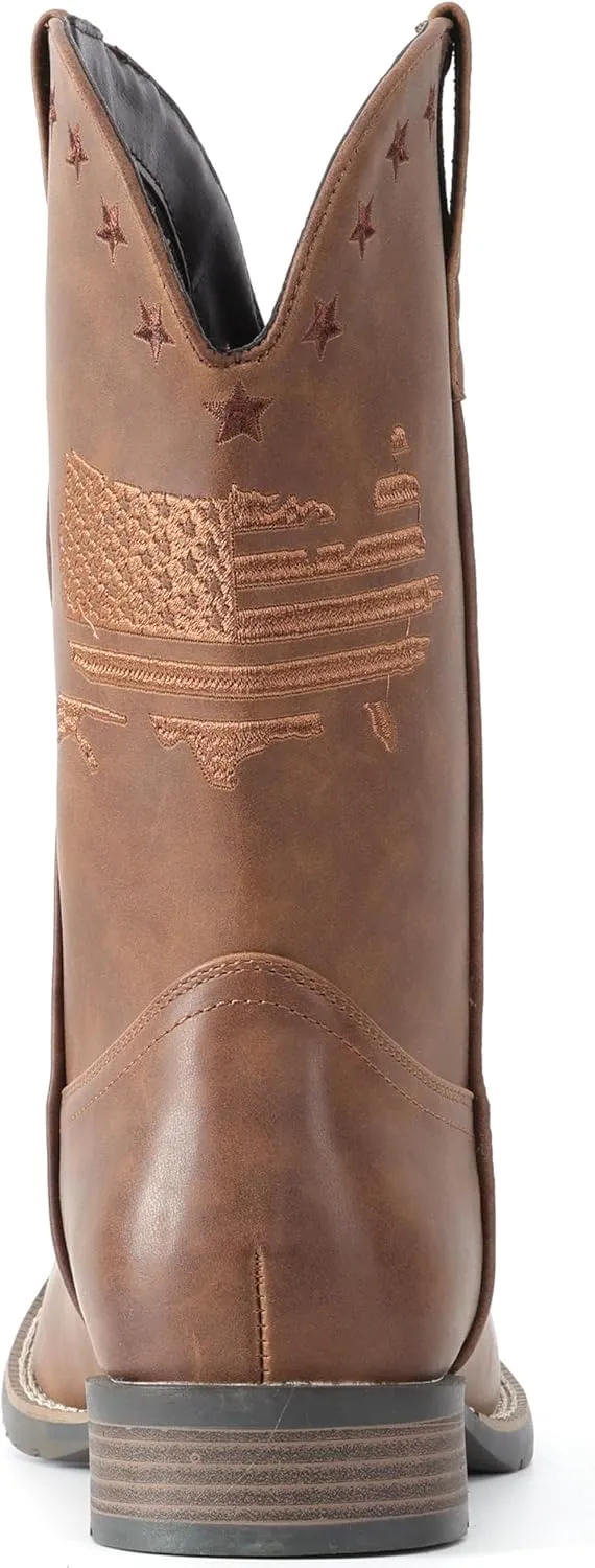 IUV Cowboy Boots For Men Square Toe Western Retro Boot Durable Classic Fashionable Embroidered Pull On Slip Resistant Boots