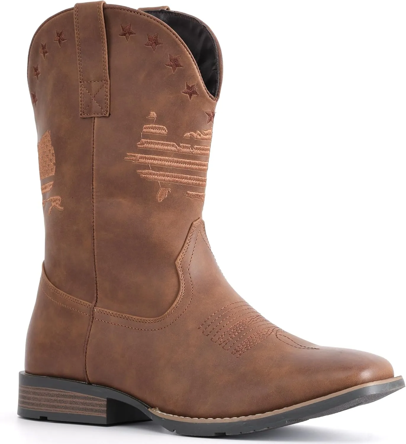 IUV Cowboy Boots For Men Square Toe Western Retro Boot Durable Classic Fashionable Embroidered Pull On Slip Resistant Boots