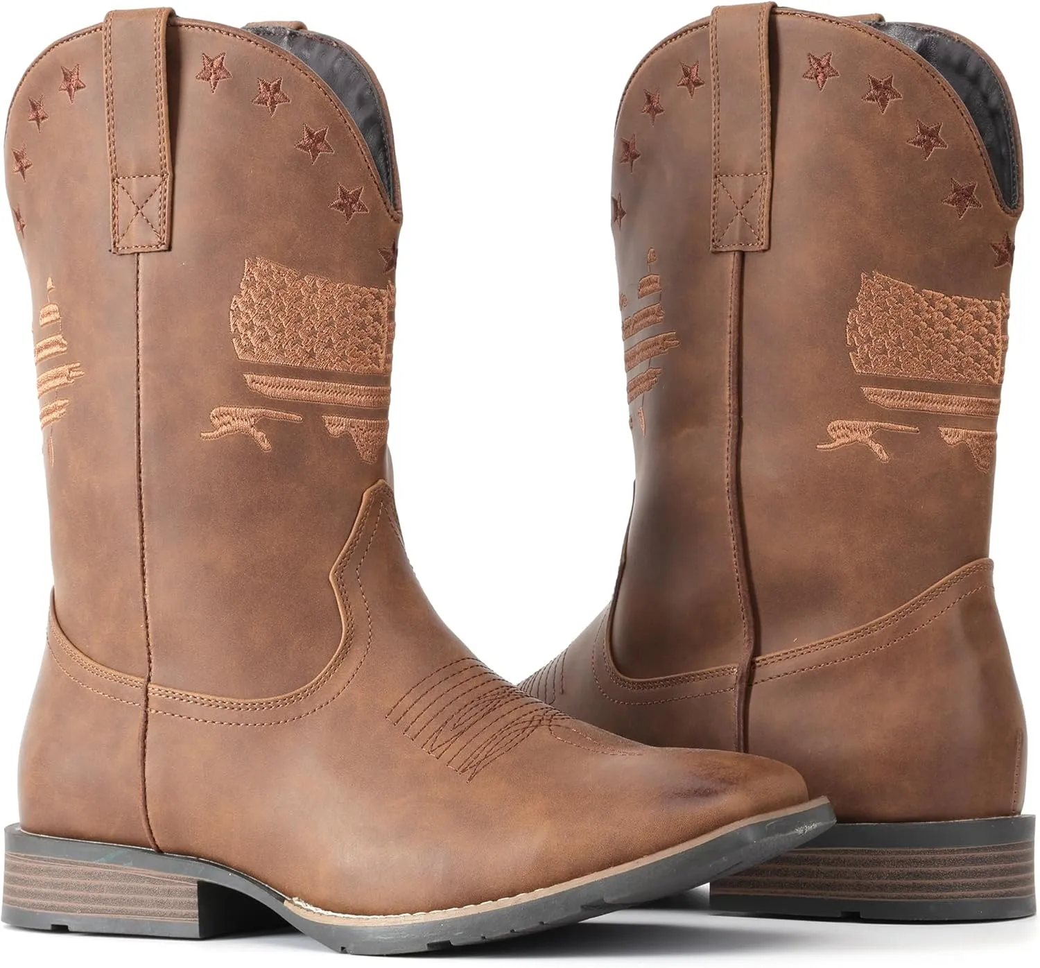 IUV Cowboy Boots For Men Square Toe Western Retro Boot Durable Classic Fashionable Embroidered Pull On Slip Resistant Boots
