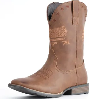 IUV Cowboy Boots For Men Square Toe Western Retro Boot Durable Classic Fashionable Embroidered Pull On Slip Resistant Boots