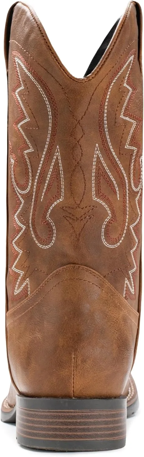 IUV Cowboy Boots For Men with Wide Square Toe Western Retro Boot Durable Classic Fashionable Embroidered Pull On Slip Resistant Boots