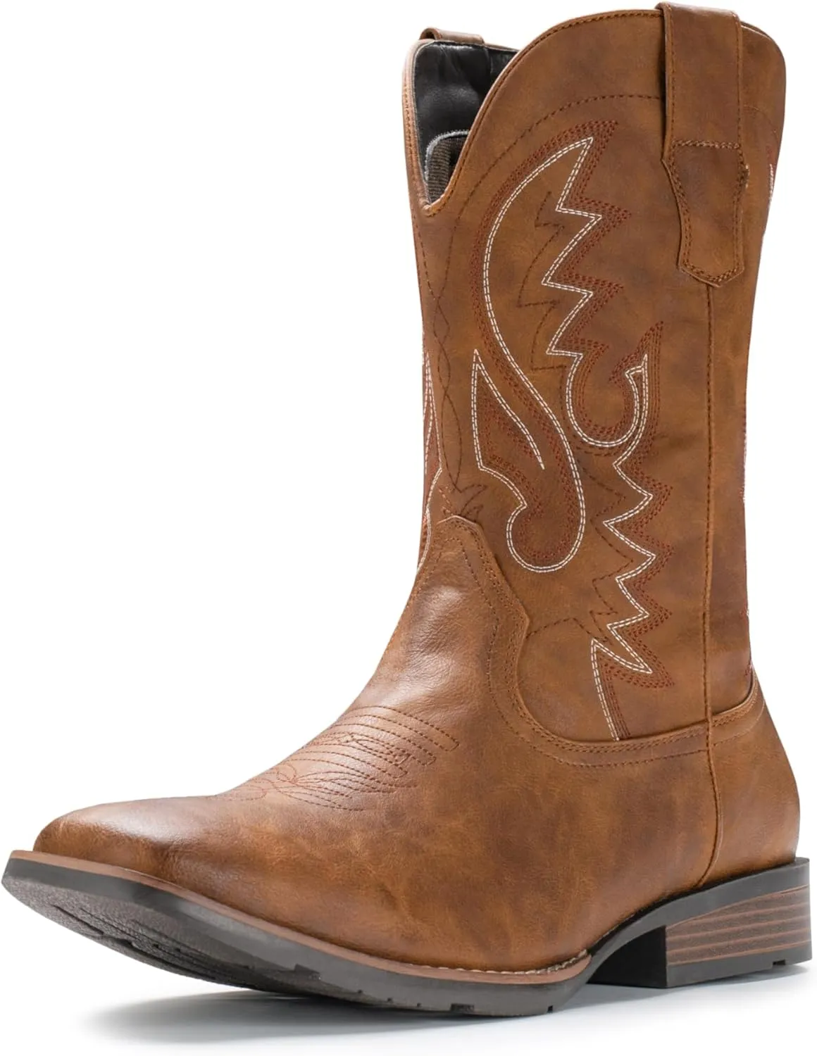 IUV Cowboy Boots For Men with Wide Square Toe Western Retro Boot Durable Classic Fashionable Embroidered Pull On Slip Resistant Boots