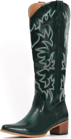 IUV Cowboy Boots For Women Knee High Western Cowgirl Boots Snip Toe Side Zipper Chunky Heel