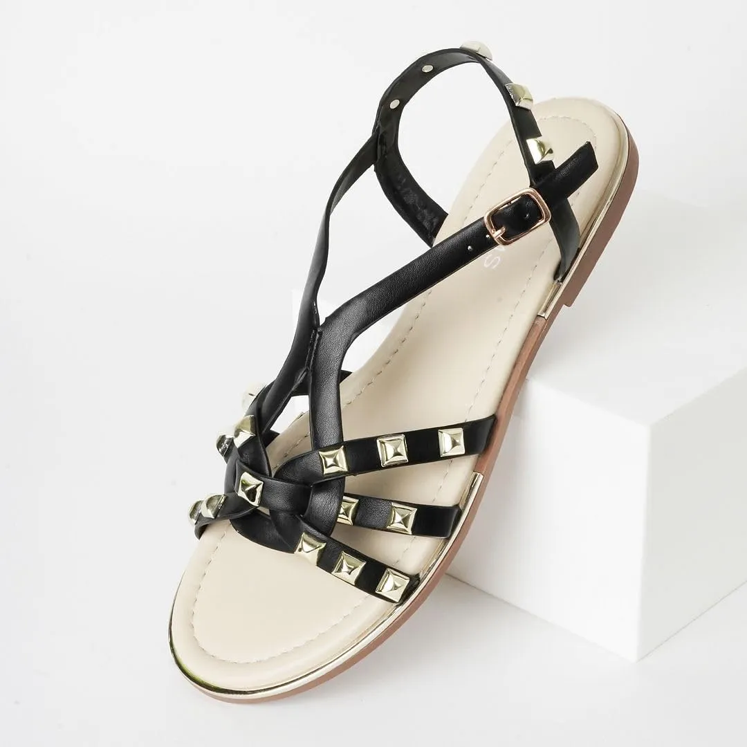 J. Adams Women's Strappy Flat Sandals with Gold Studs – Comfortable and Stylish Summer Footwear