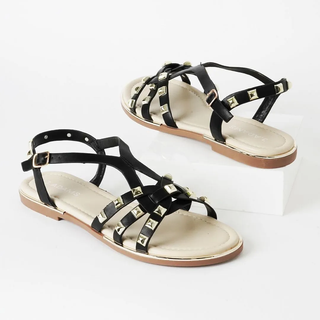 J. Adams Women's Strappy Flat Sandals with Gold Studs – Comfortable and Stylish Summer Footwear