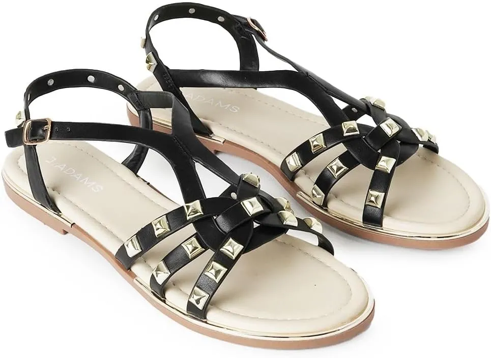 J. Adams Women's Strappy Flat Sandals with Gold Studs – Comfortable and Stylish Summer Footwear