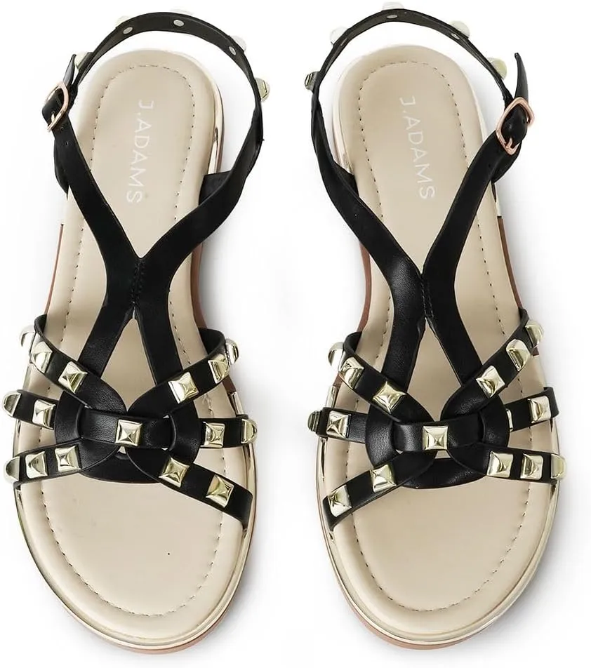 J. Adams Women's Strappy Flat Sandals with Gold Studs – Comfortable and Stylish Summer Footwear
