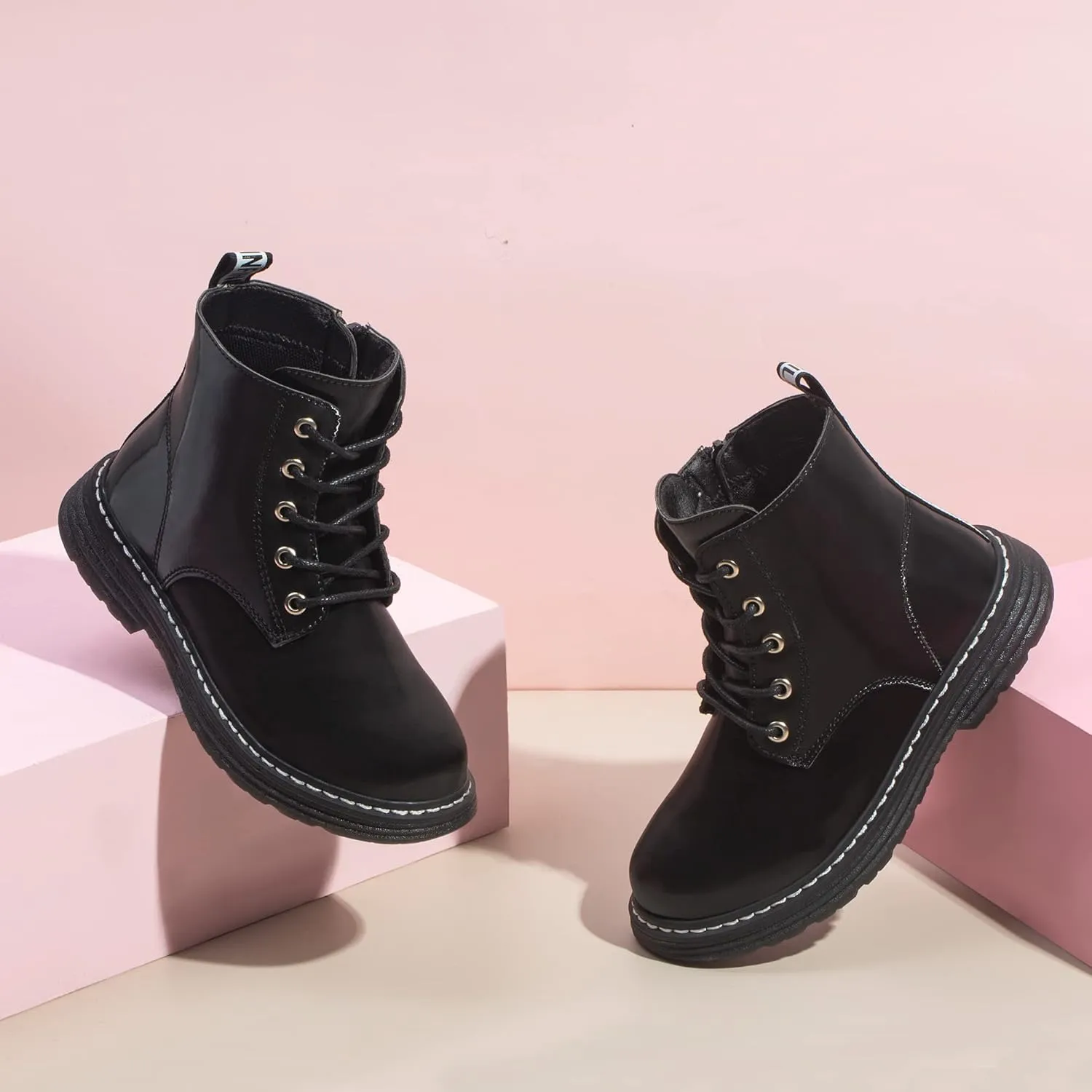 JABASIC Girls Boys Ankle Boots Lace-Up Waterproof Work Boots with Side Zipper