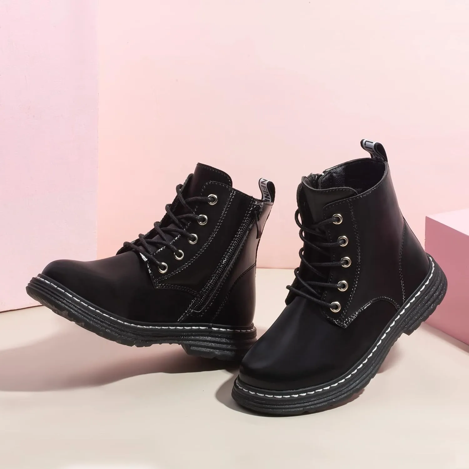 JABASIC Girls Boys Ankle Boots Lace-Up Waterproof Work Boots with Side Zipper