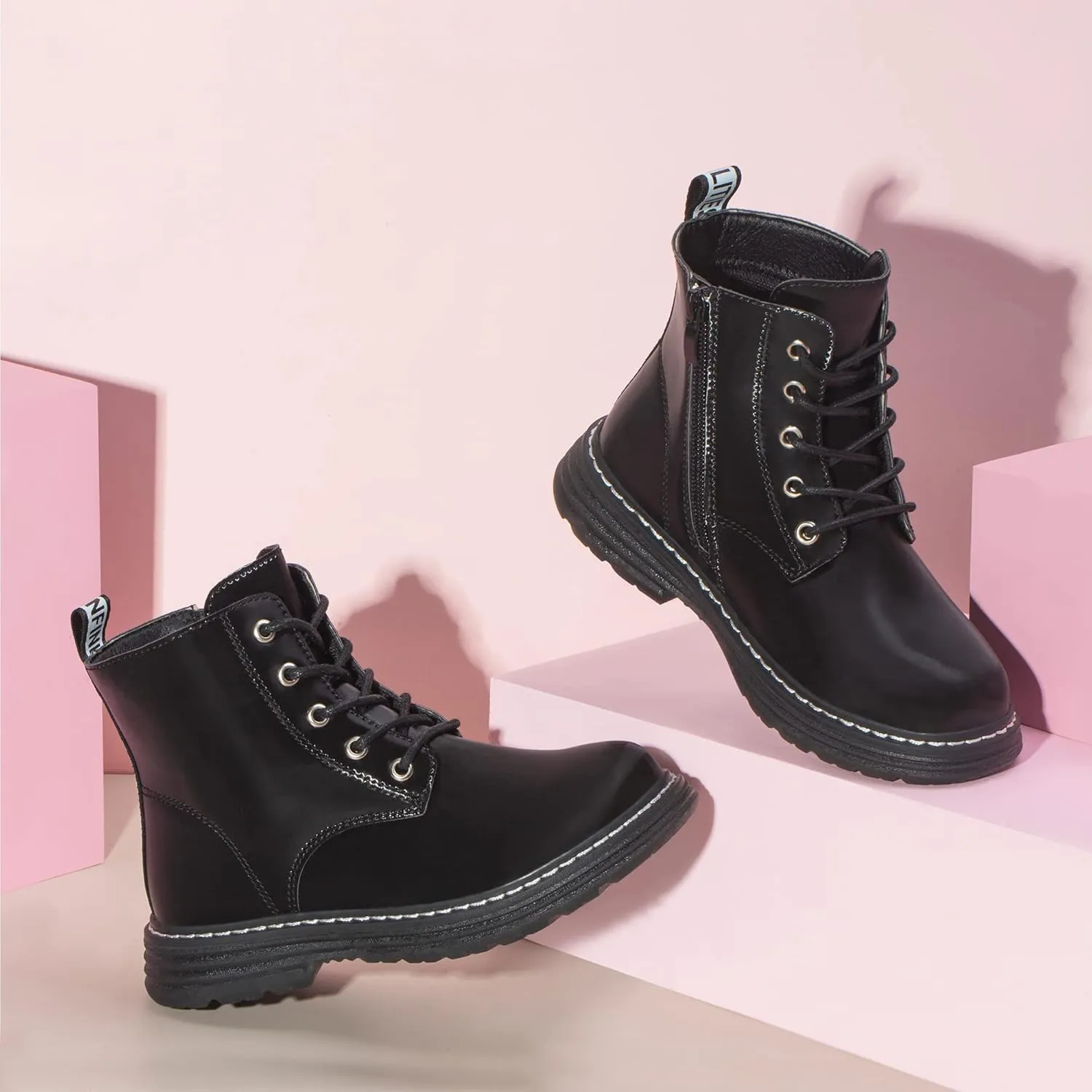 JABASIC Girls Boys Ankle Boots Lace-Up Waterproof Work Boots with Side Zipper