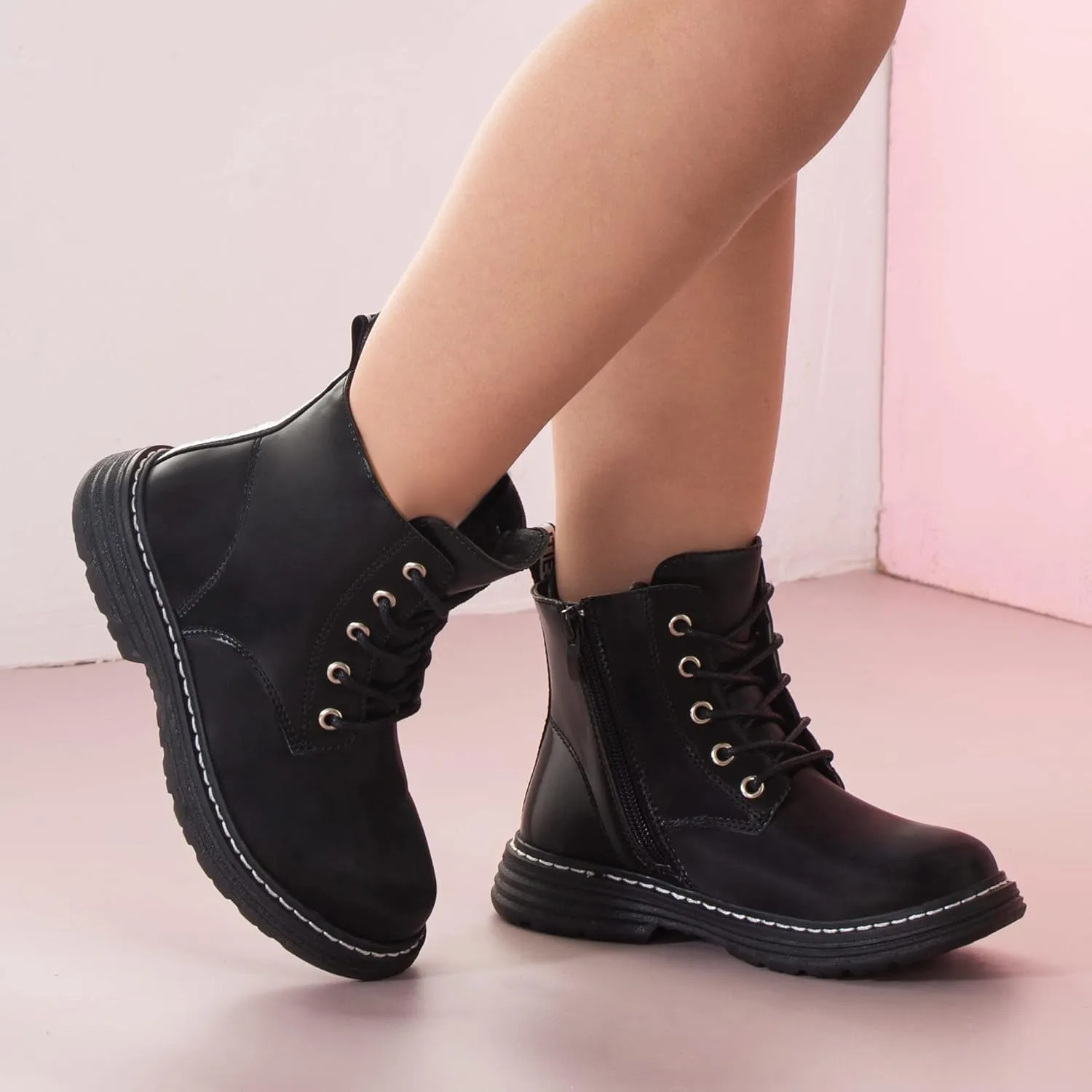 JABASIC Girls Boys Ankle Boots Lace-Up Waterproof Work Boots with Side Zipper