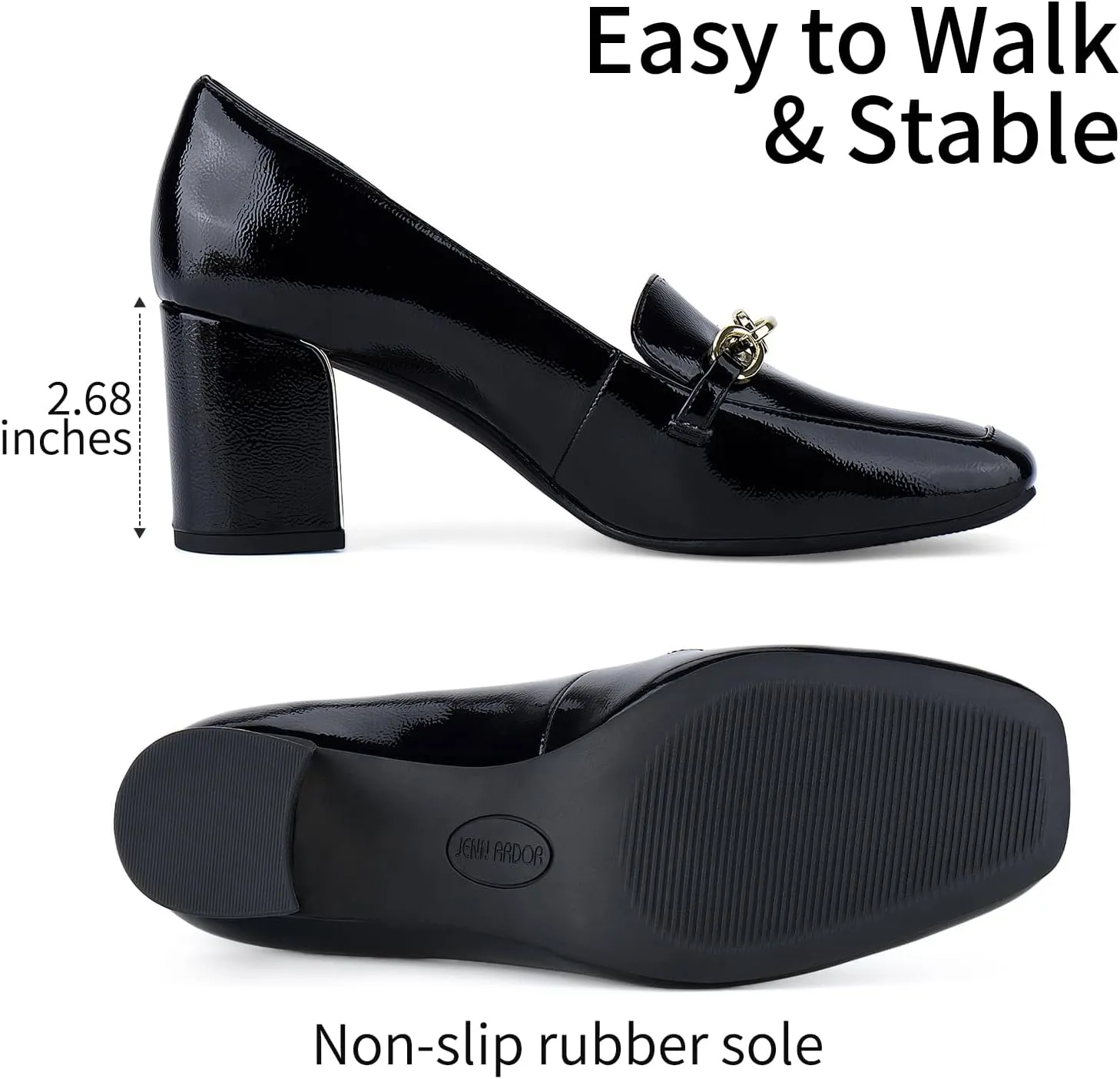JENN ARDOR Heeled Loafers for Women Block Heel Loafers Comfortable Square Toe Chunky Pumps for Women Work Heels Office Shoes Ladies Professional Classy Dressy Shoes with Chain