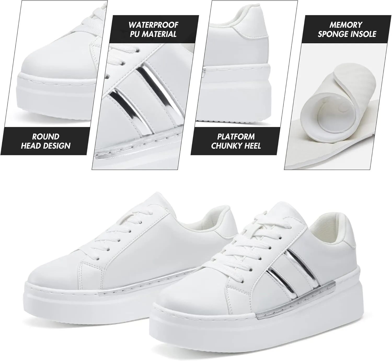 Jeossy Women's Platform Chunky White Casual Sneakers, Comfort 8028 Trendy Sneakers So Light Weight