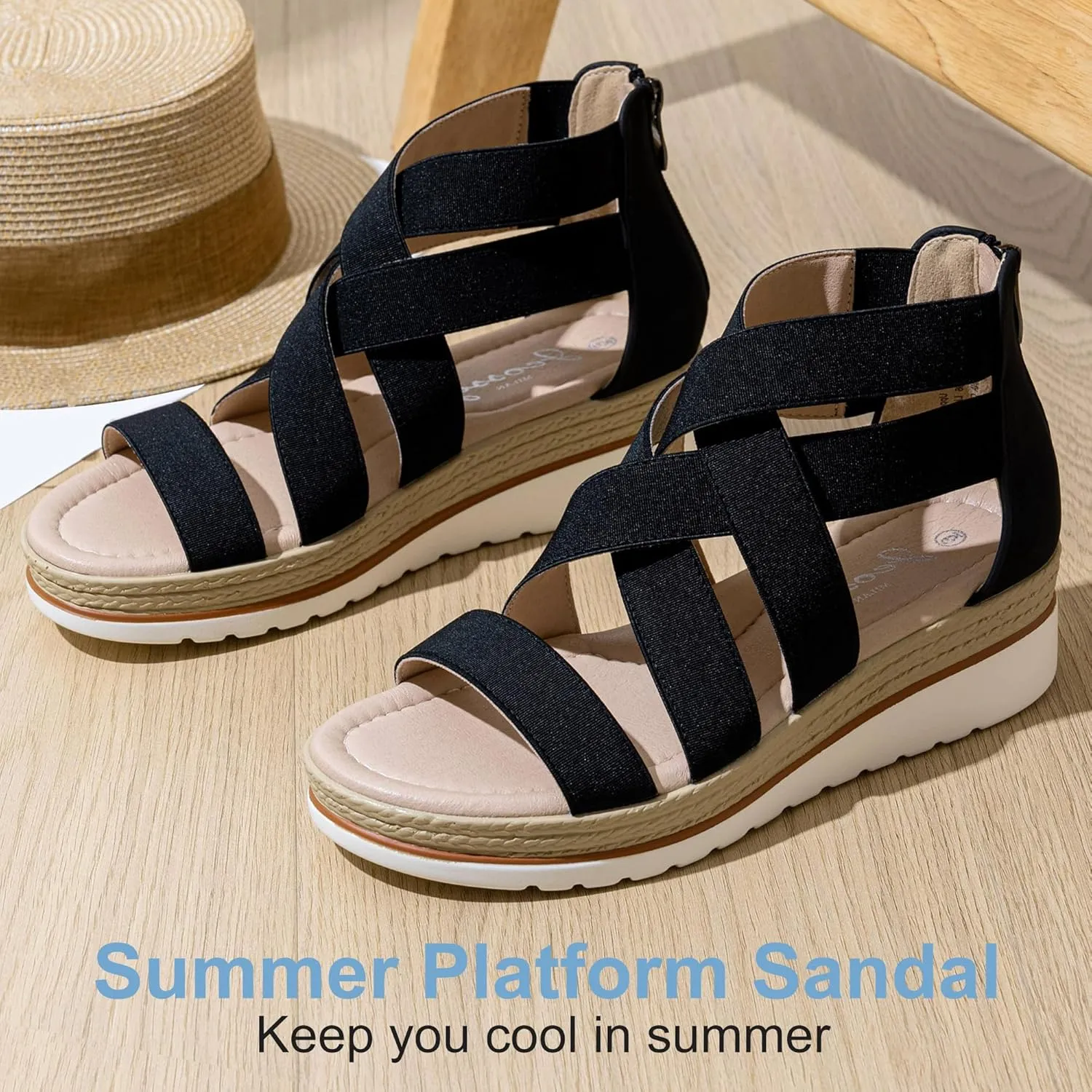 Jeossy Women's Platform Wedge Sandals White Pu Strappy Summer 866 Sandals Dressy with Zipper