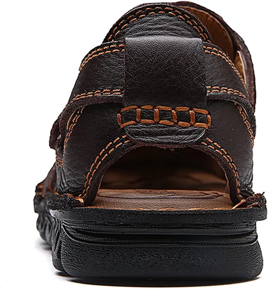 JIONS Mens Hand Stitching Outdoor Closed Toe Leather Sandals, Adjustable Heel Strap Slip on Sandals Beach Slippers Shoes