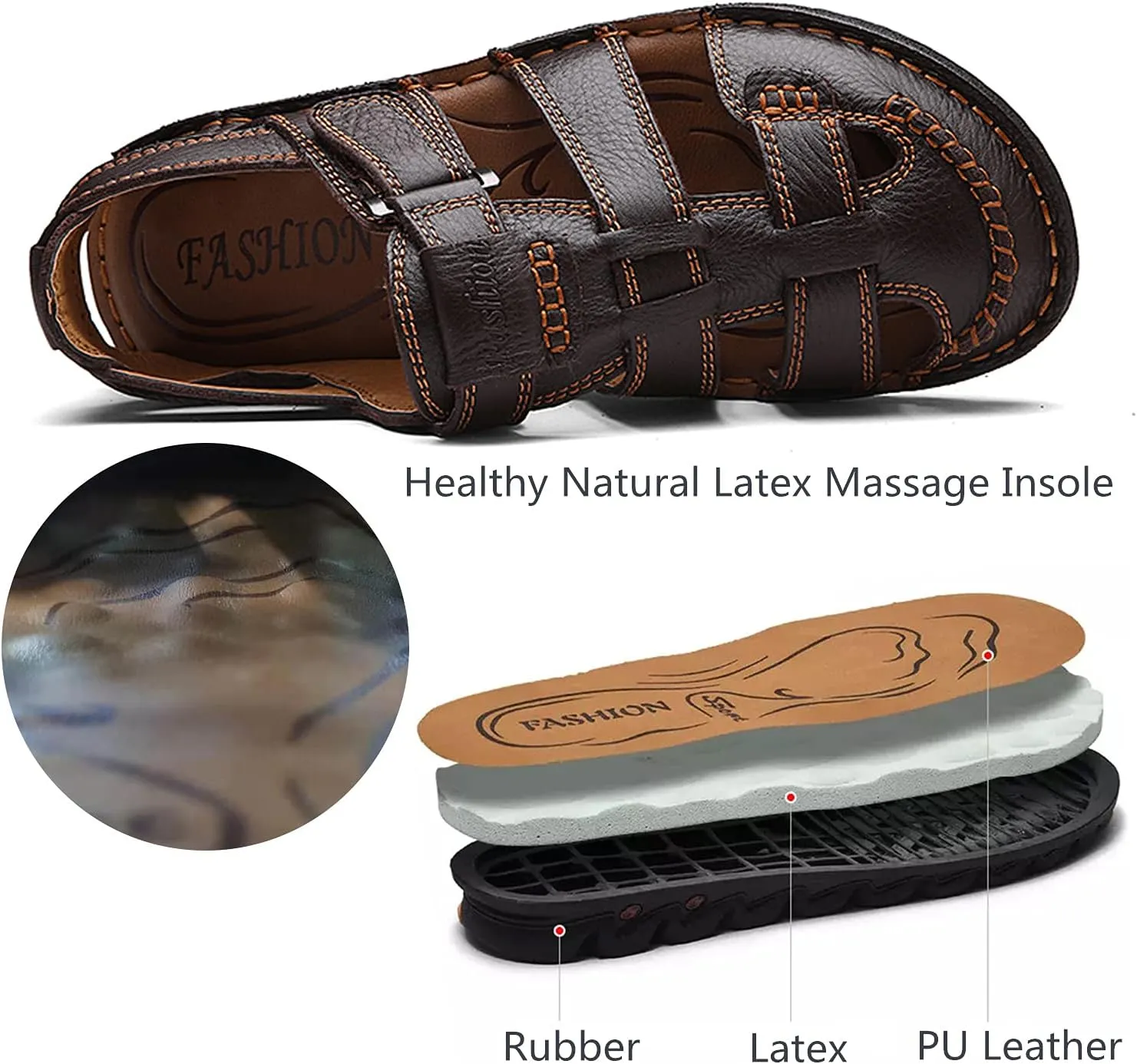 JIONS Mens Hand Stitching Outdoor Closed Toe Leather Sandals, Adjustable Heel Strap Slip on Sandals Beach Slippers Shoes