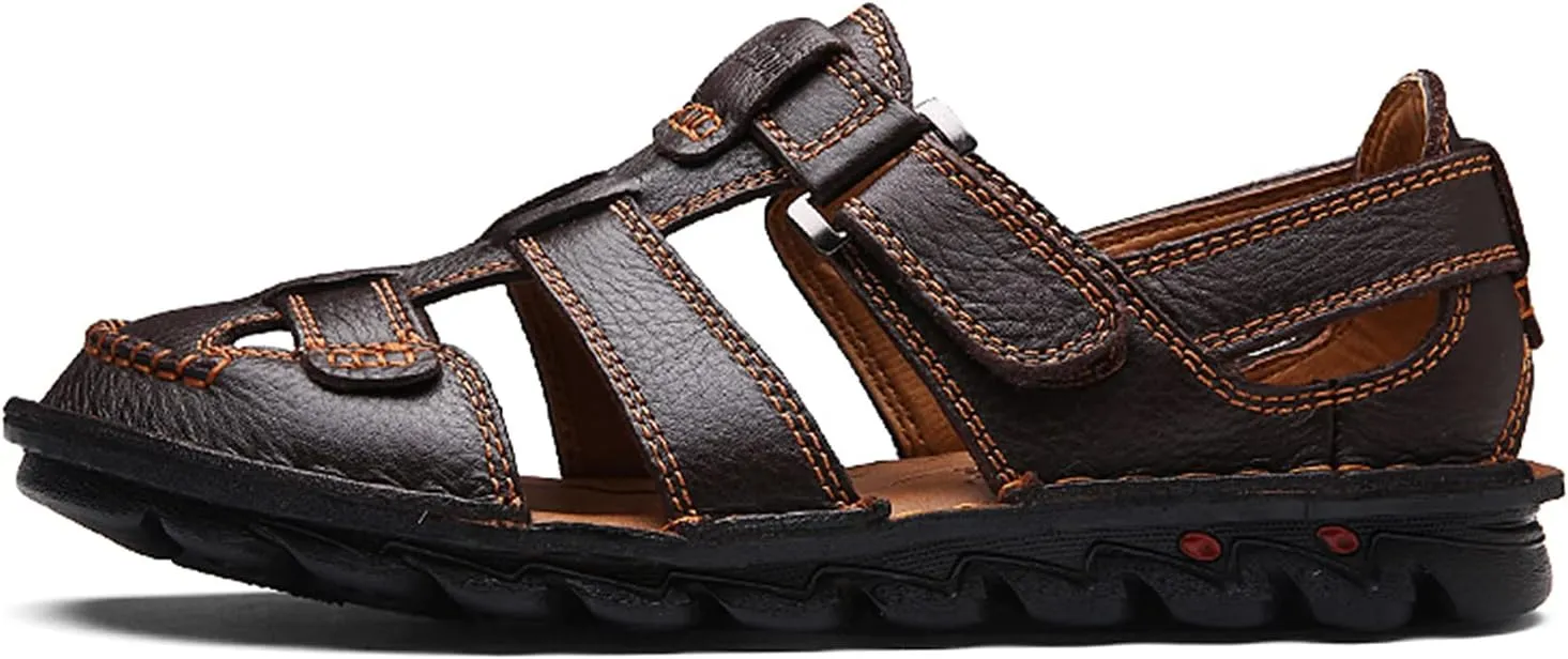 JIONS Mens Hand Stitching Outdoor Closed Toe Leather Sandals, Adjustable Heel Strap Slip on Sandals Beach Slippers Shoes