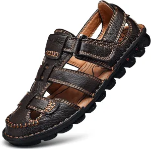 JIONS Mens Hand Stitching Outdoor Closed Toe Leather Sandals, Adjustable Heel Strap Slip on Sandals Beach Slippers Shoes