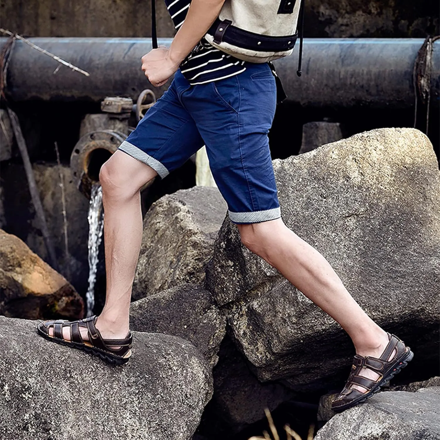 JIONS Mens Hand Stitching Outdoor Closed Toe Leather Sandals, Adjustable Heel Strap Slip on Sandals Beach Slippers Shoes