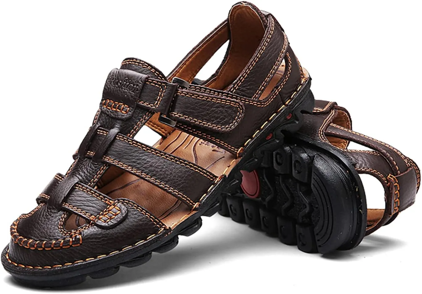 JIONS Mens Hand Stitching Outdoor Closed Toe Leather Sandals, Adjustable Heel Strap Slip on Sandals Beach Slippers Shoes